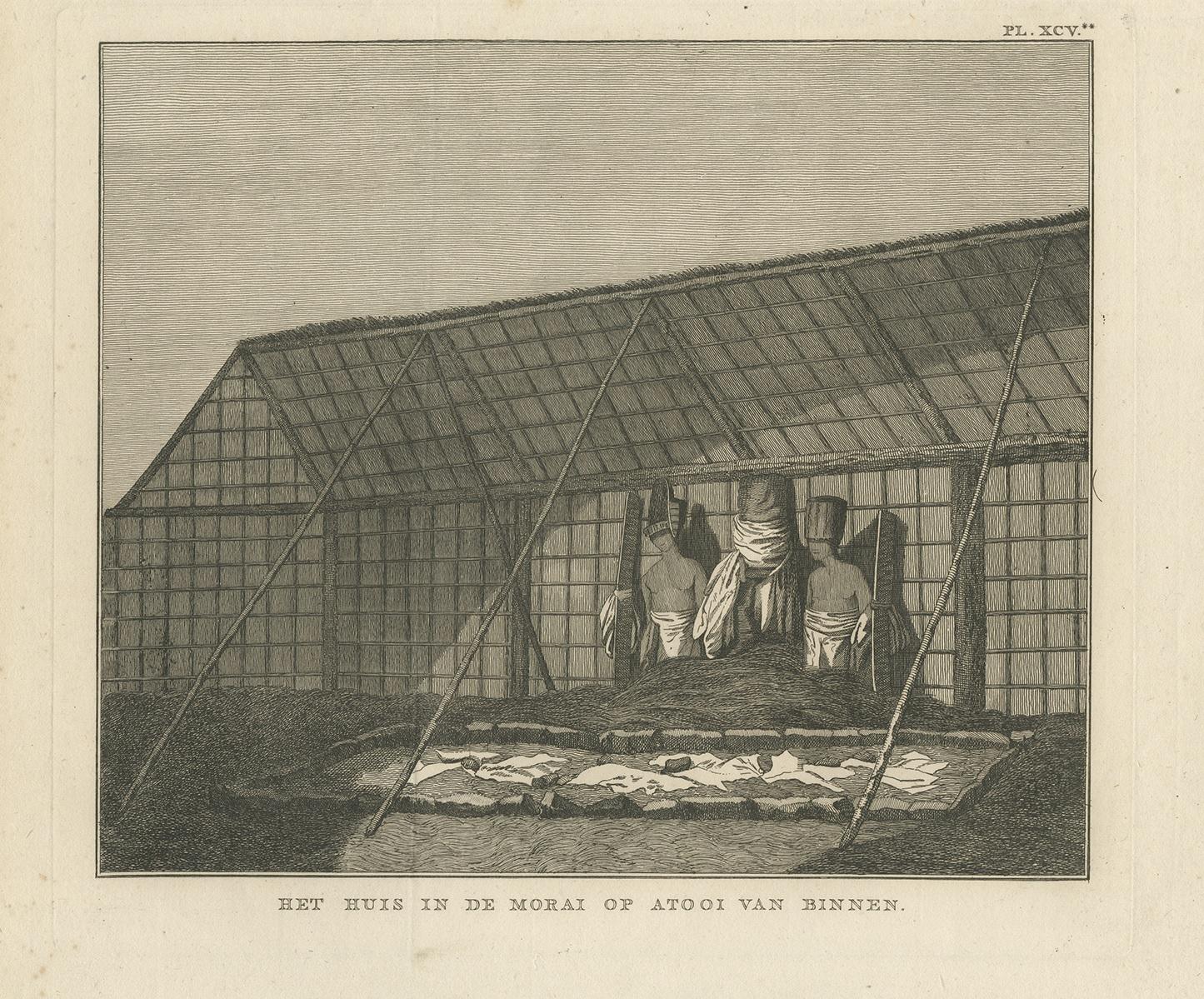 Gravure ancienne intitulée 'Het Huis in de Morai op Atooi van binnen'. Cette gravure représente l'intérieur d'une maison, dans le Morai, Atooi Island, l'ancien nom de Kauai, une île hawaïenne. Provient de 