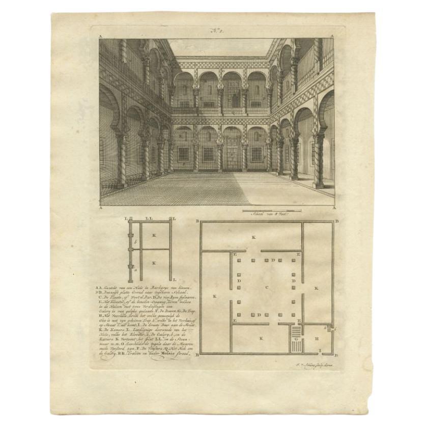 Antique print titled 'Gedeelte van een Huis in Barbarye (..)'. Old print depicting a view and two plans of a house in Barbary. Originates from the first Dutch editon of an interesting travel account of Northern Africa titled 'Reizen en Aanmerkingen