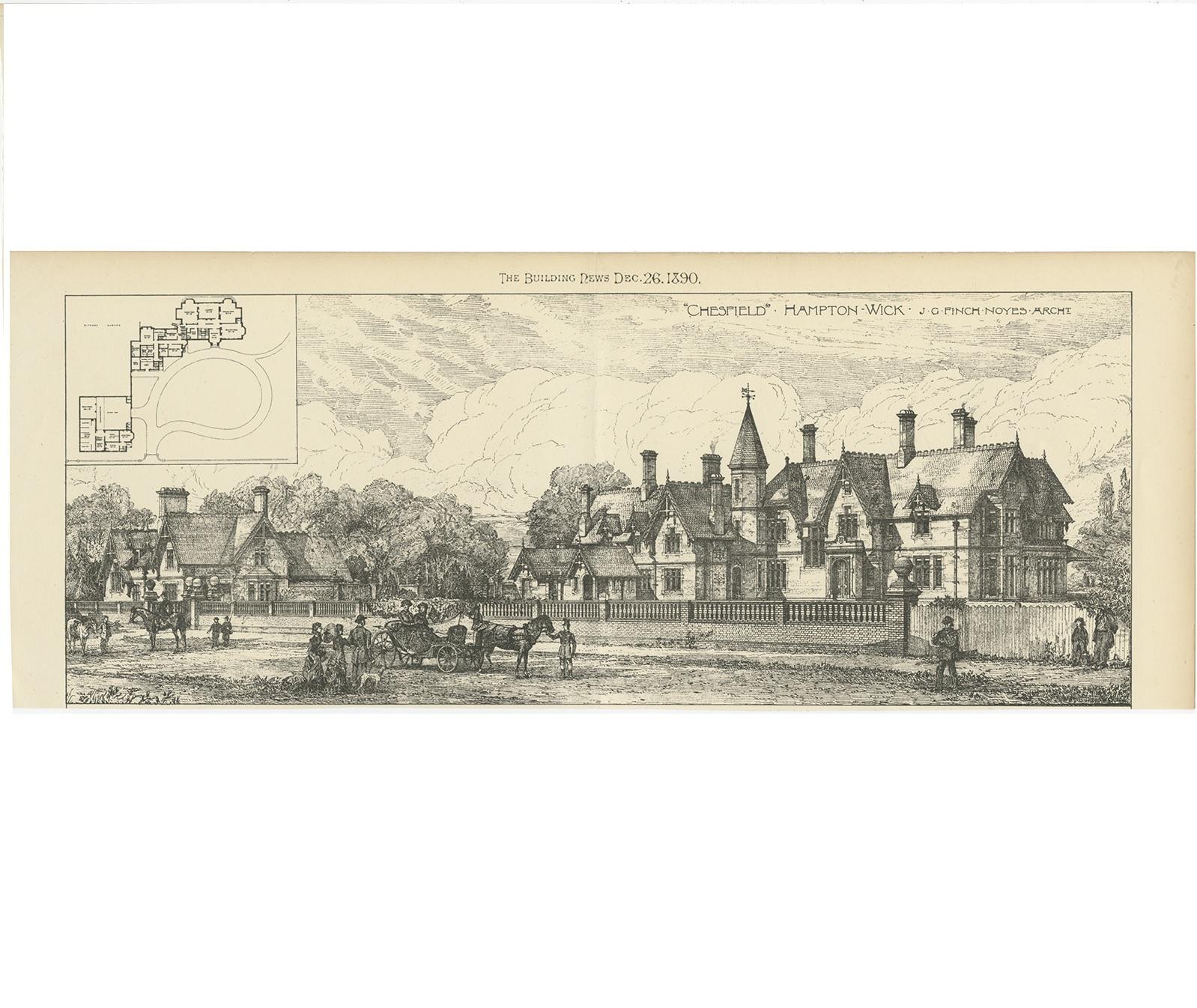 Antique print titled 'Chesfield Hampton-Wick'. View of a house in Hampton Wick, designed by J.G. Finch-Noyes. This print originates from 'The Building News'.
