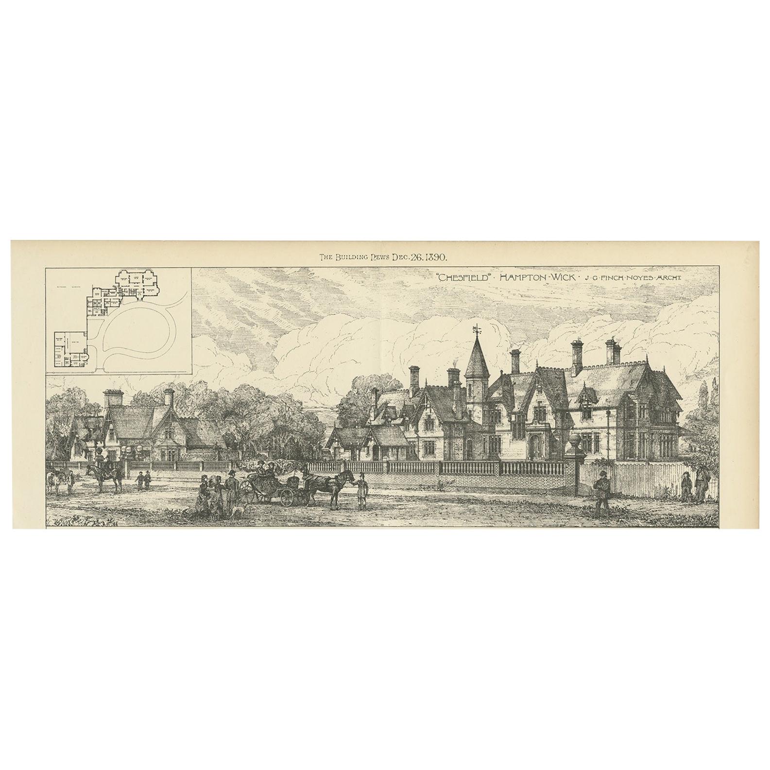 Antique Print of a House in Hampton Wick, 1890 For Sale