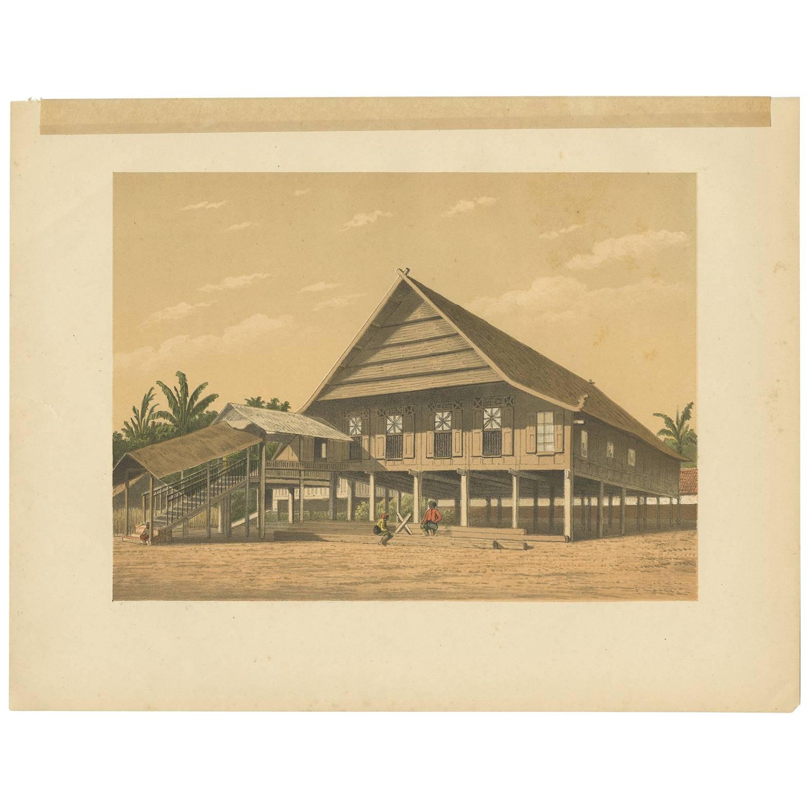 Antiker antiker Druck eines Hauses in Makassar von M.T.H. Perelaer, 1888
