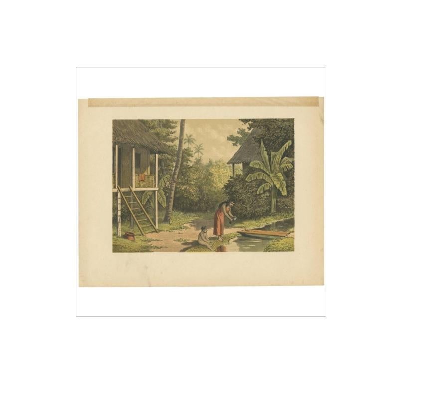 Antique print of a house in Oleh-Leh, on Atjeh (Aceh), Sumatra, Indonesia. This print originates from 'Het Kamerlid van Berkestein in Nederlandsch-Indie.', (translation: van Berkestein, member of the Dutch Parliament in the Dutch East-Indies.) by