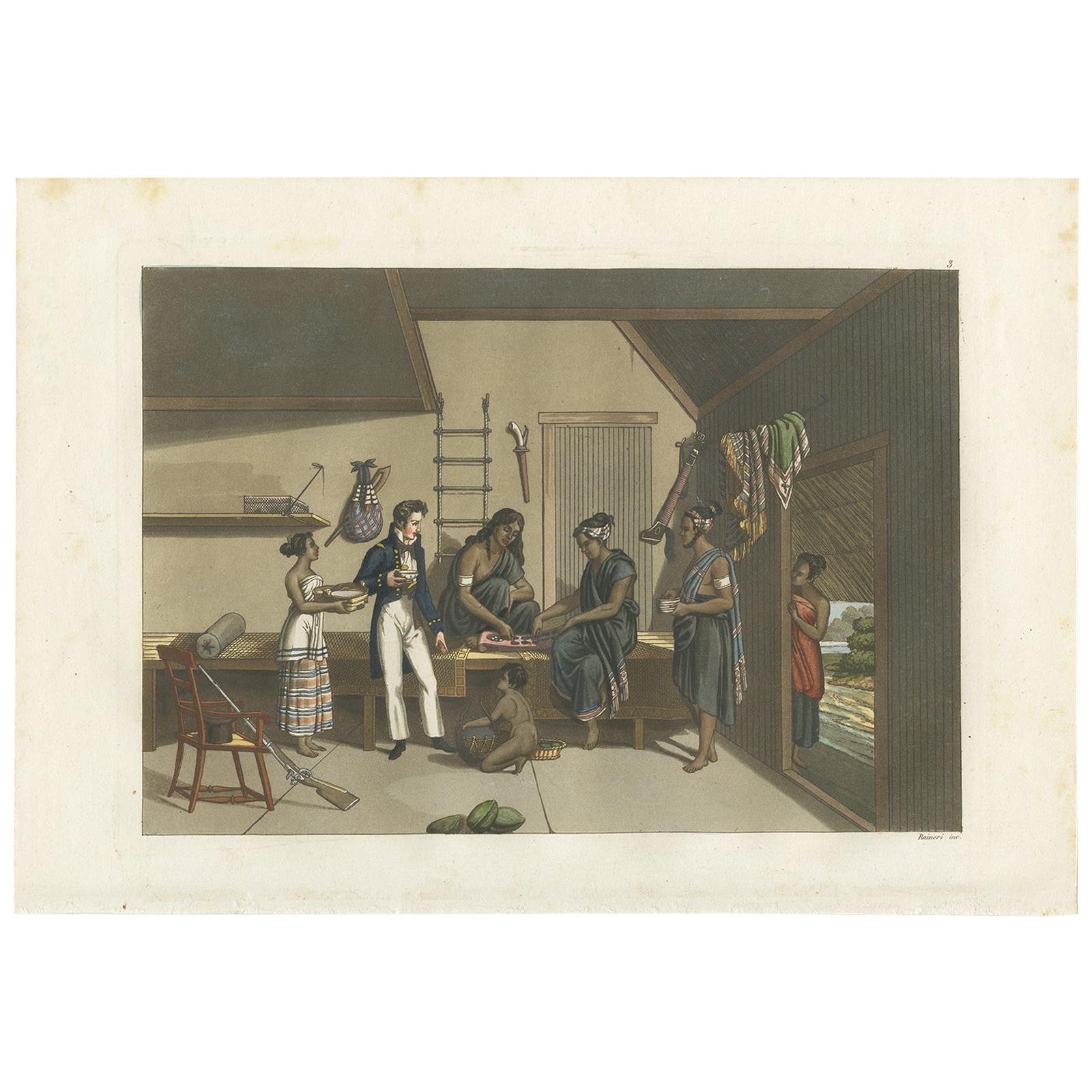 Impression ancienne d'un intérieur de maison à Kupang par Ferrario, '1831'