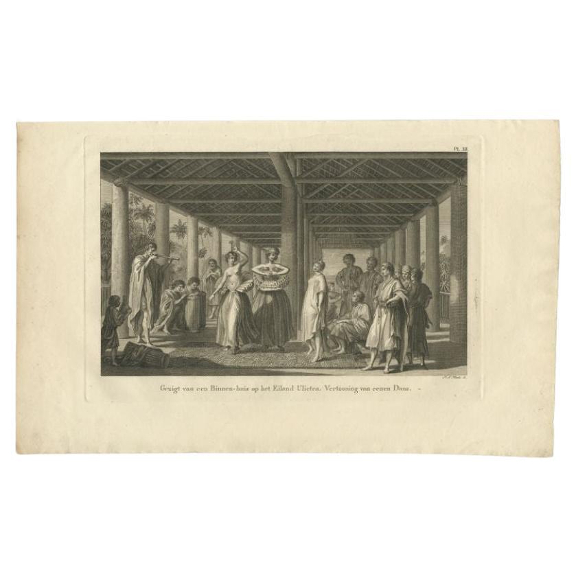 Antique print titled 'Gezigt van een Binnen-Huis op het Eiland Ulietea. Vertooning van eenen Dans'. View of the interior of a house on Ulietea / Raiatea, Society Islands, French Polynesia. Originates from 'Reizen Rondom de Waereld door James Cook