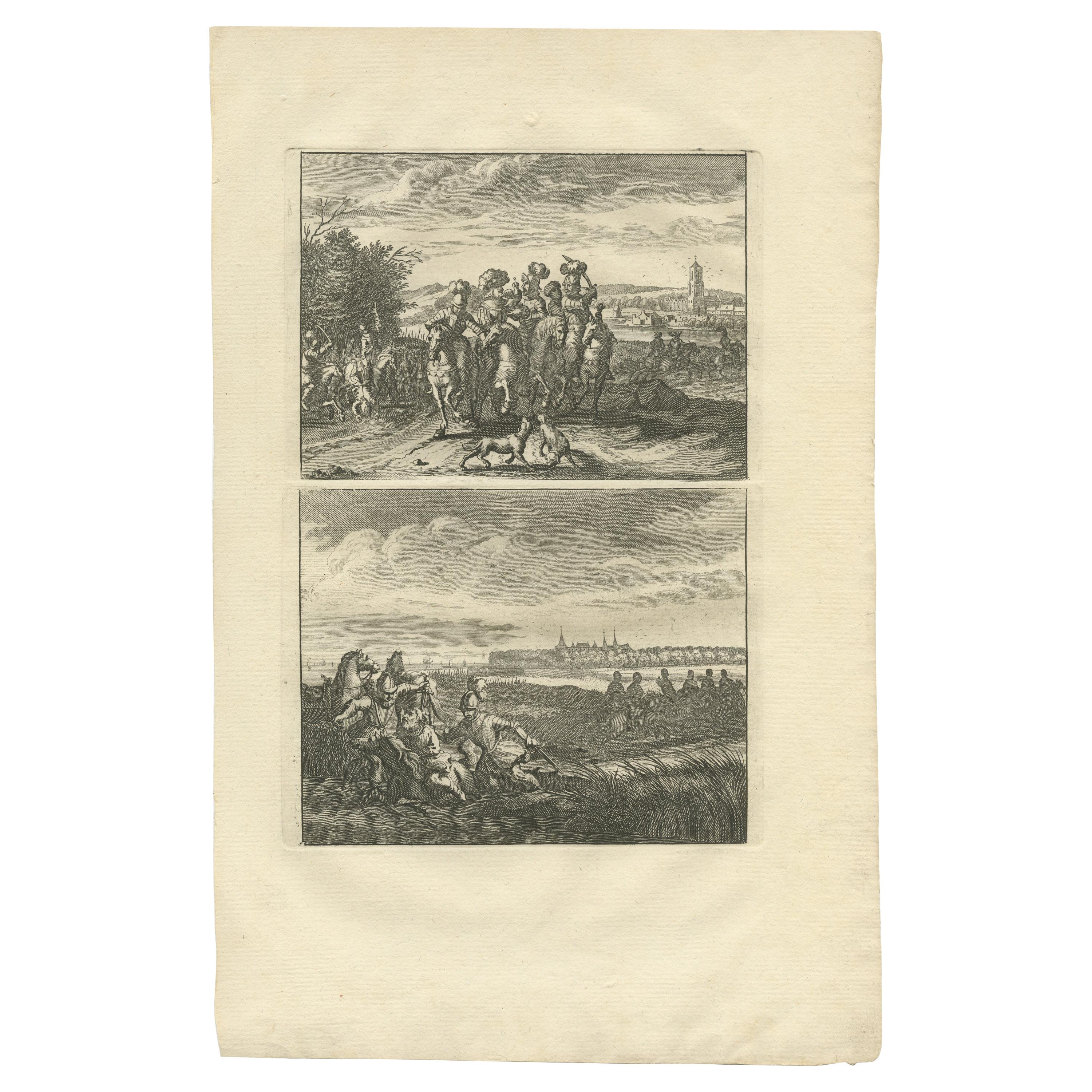 Antique Print of a Hunting Scene and the Murder of Count Floris V 'c.1690' For Sale