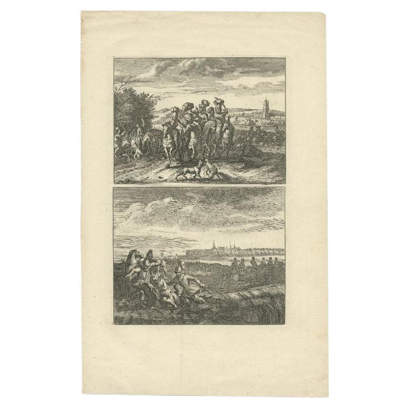 Antique Print of a Hunting Scene and the Murder of Count Floris v in Holland For Sale