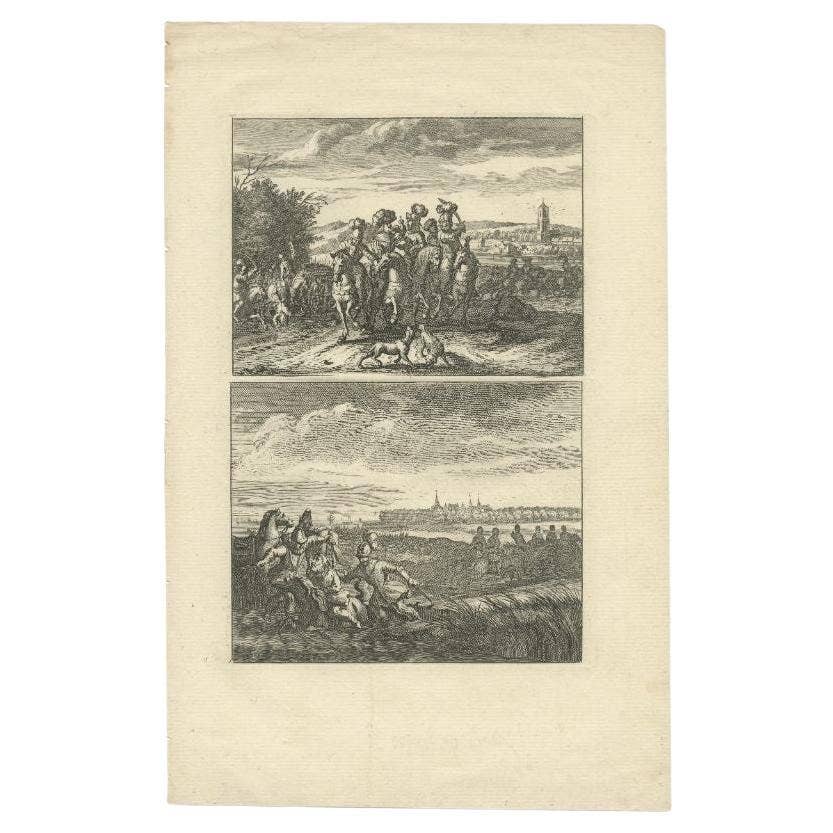 Antique Print of a Hunting Scene and the Murder of Count Floris v in Holland