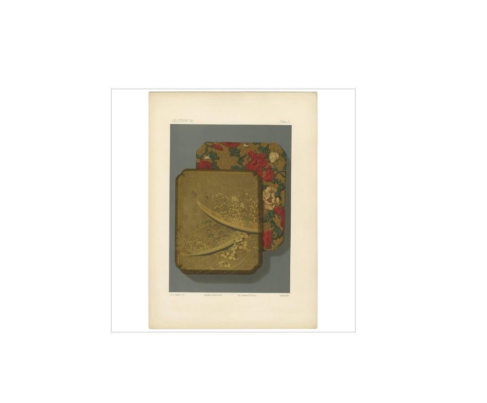 Grabado antiguo de una caja japonesa III 'Laca' por G. Audsley, 1882 en Bueno estado para la venta en Langweer, NL