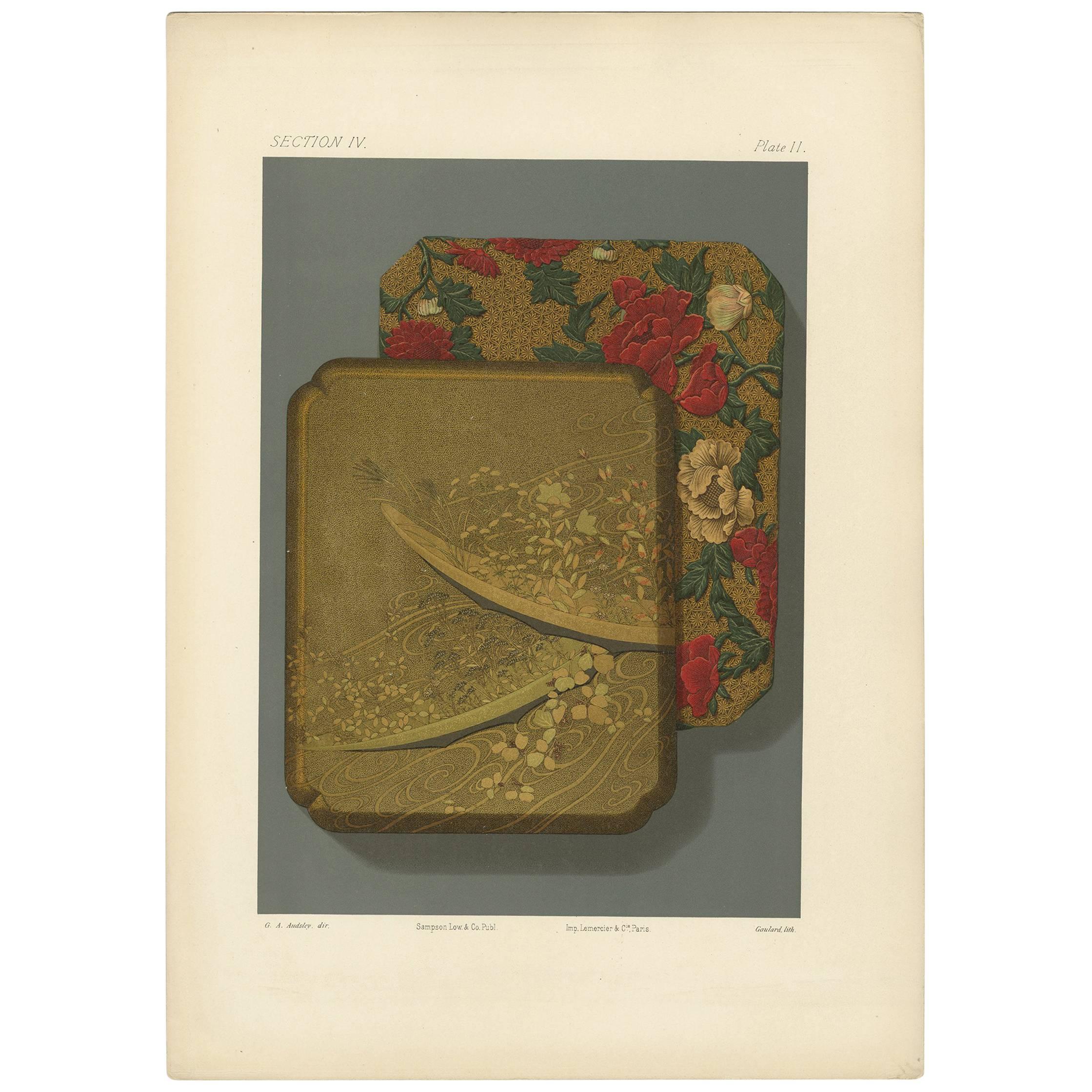 Antique Print of a Japanese Box III 'Lacquer' by G. Audsley, 1882 For Sale