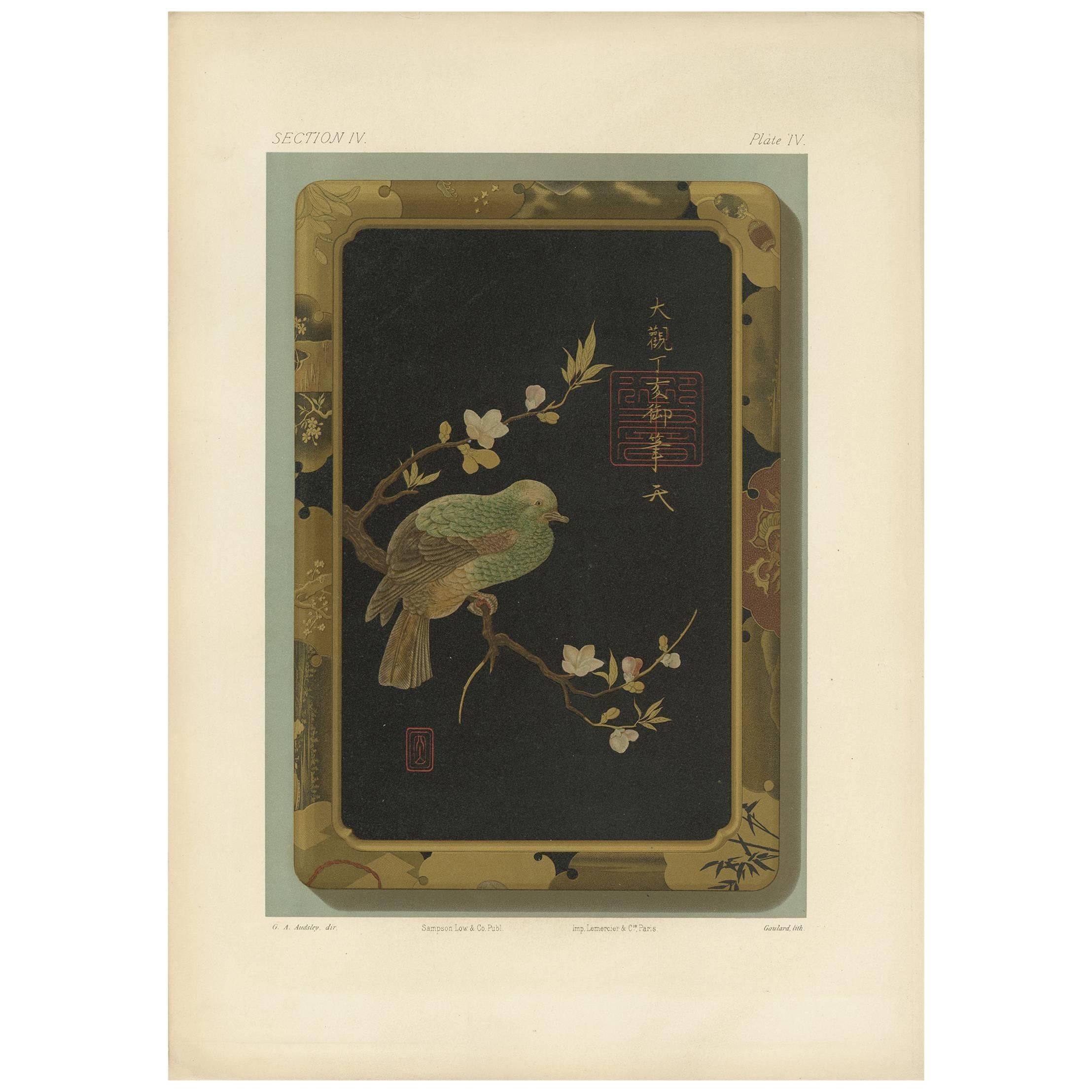 Antiker Druck einer japanischen Schachtel „Lacquer“ von G. Audsley, 1882