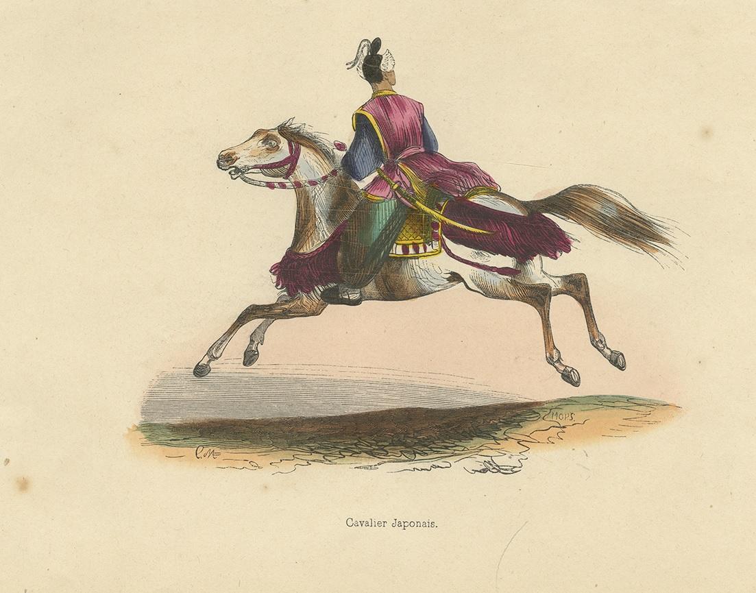 Grabado antiguo titulado 'Cavalier Japonais'. Litografía de caballería japonesa. Este grabado procede de 