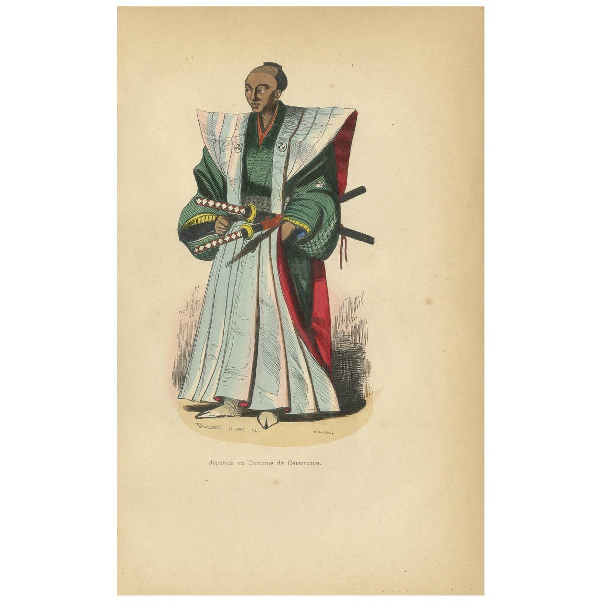 Antique Print of a Japanese Ceremonial Costume by Wahlen, 1843