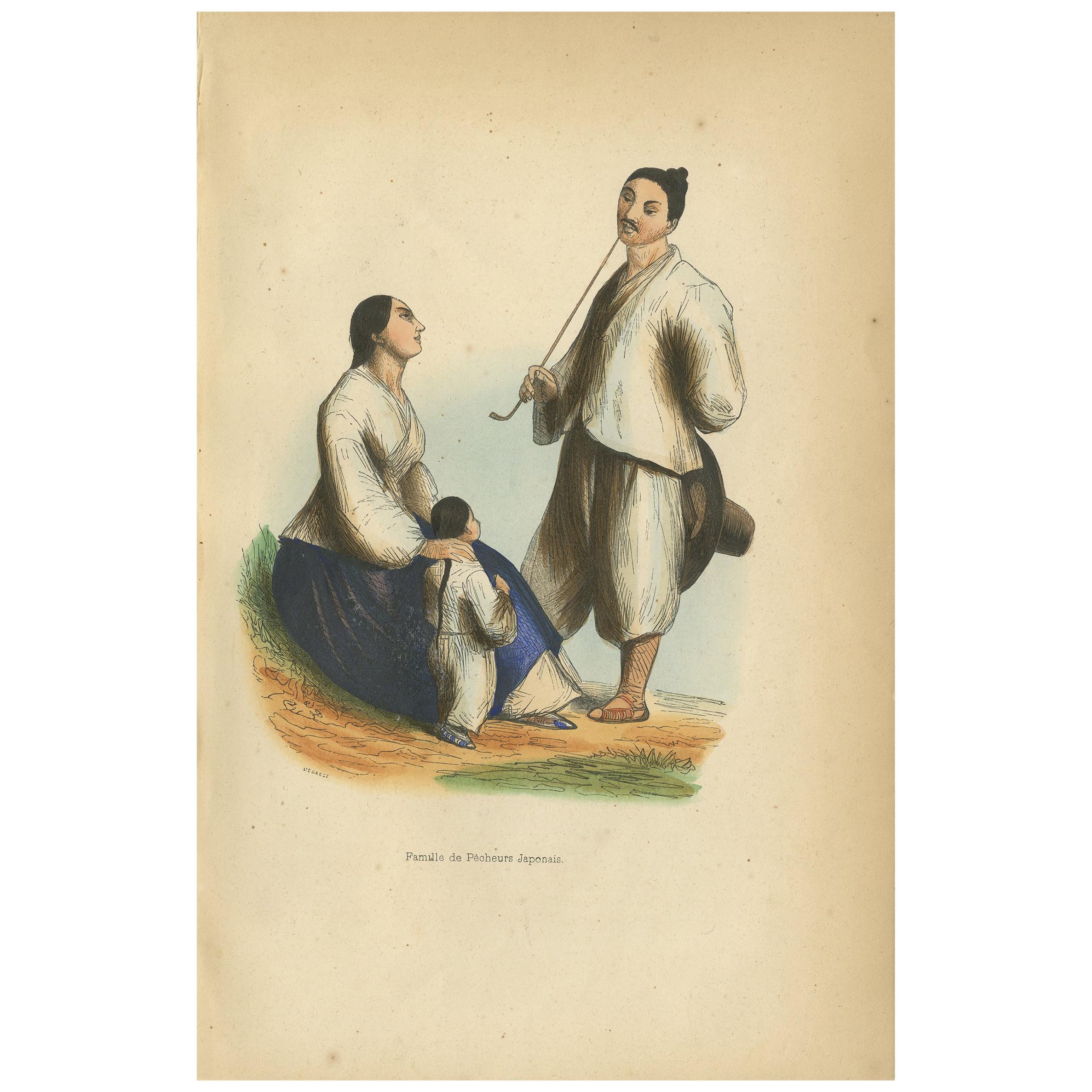 Antique Print of a Japanese Fishermen Family by Wahlen, 1843 For Sale