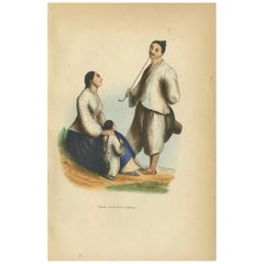 Antiker antiker Druck einer japanischen Fischerfamilie von Wahlen, 1843