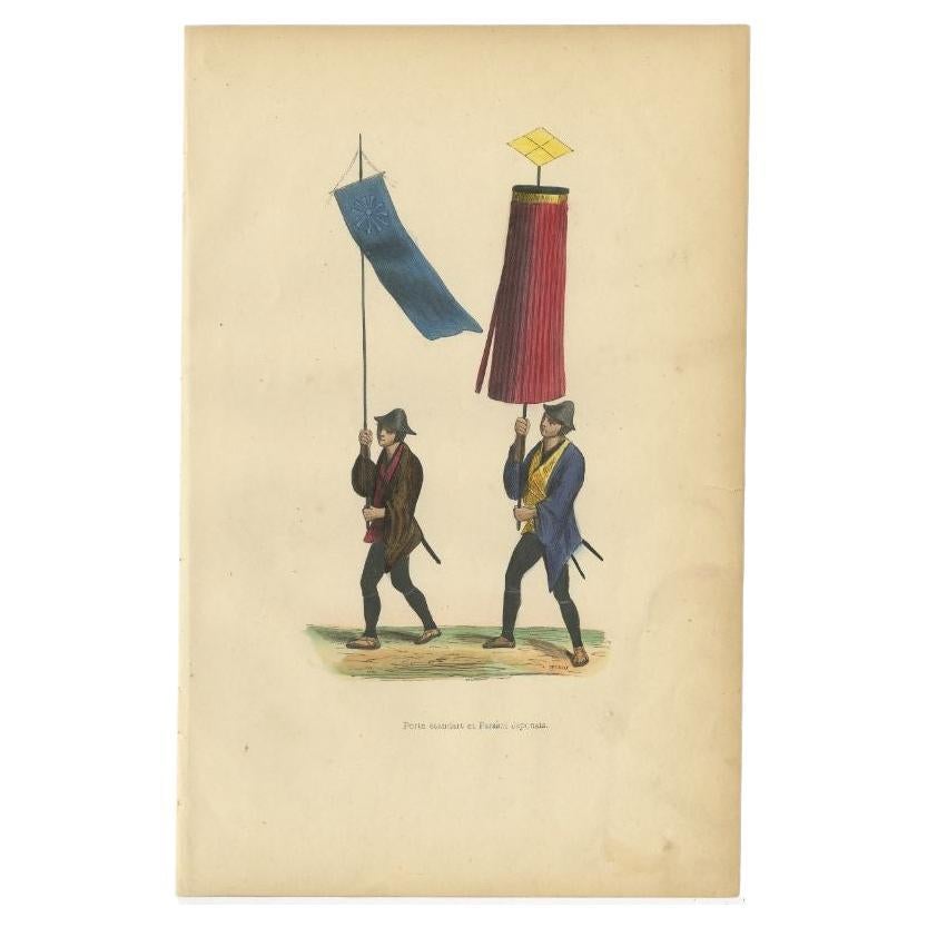 Impression ancienne d'un drapeau et d'un parasol japonais, 1843 en vente