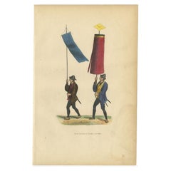 Impression ancienne d'un drapeau et d'un parasol japonais, 1843