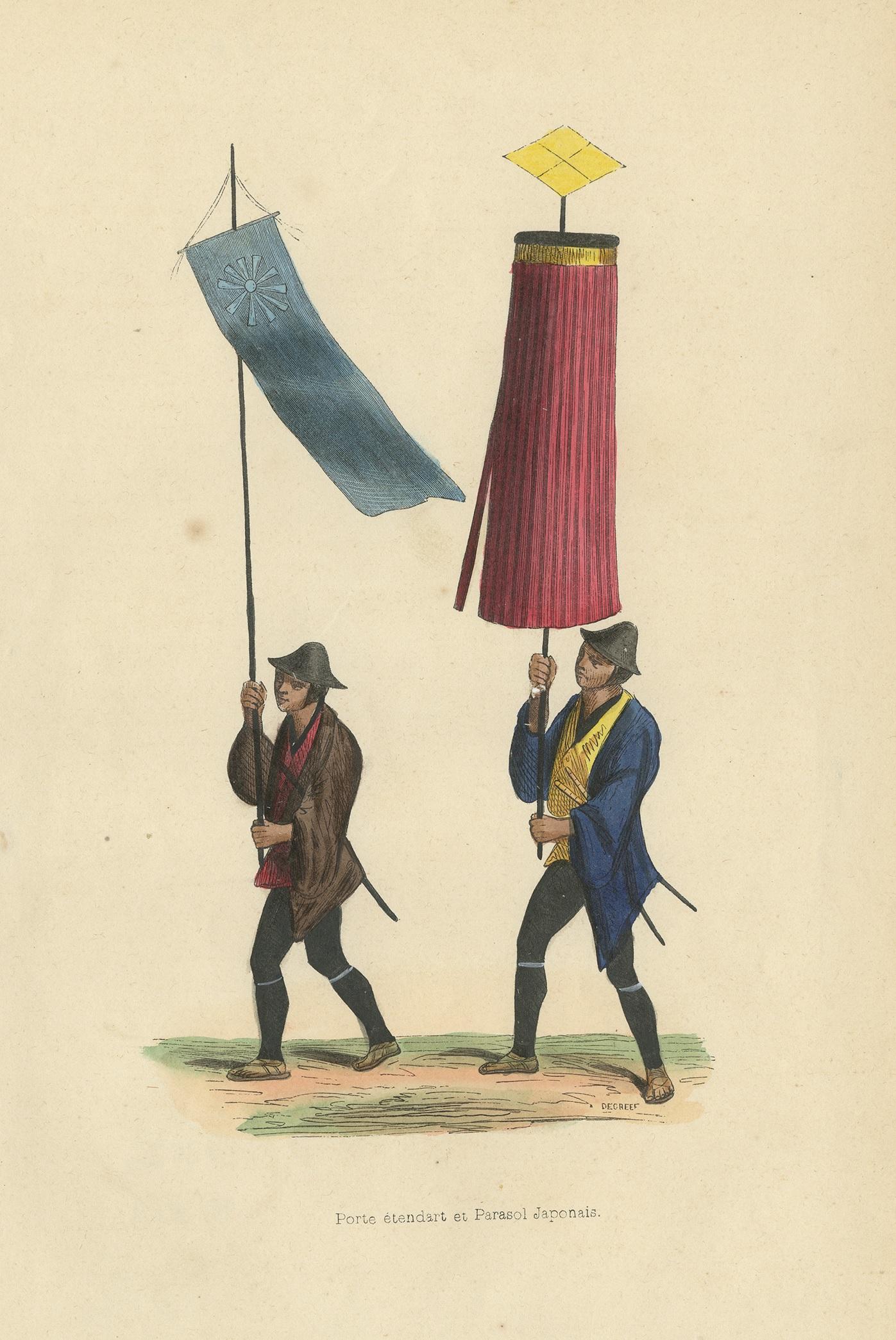 Antique Print of a Japanese Flag and Parasol by Wahlen, 1843 In Good Condition For Sale In Langweer, NL