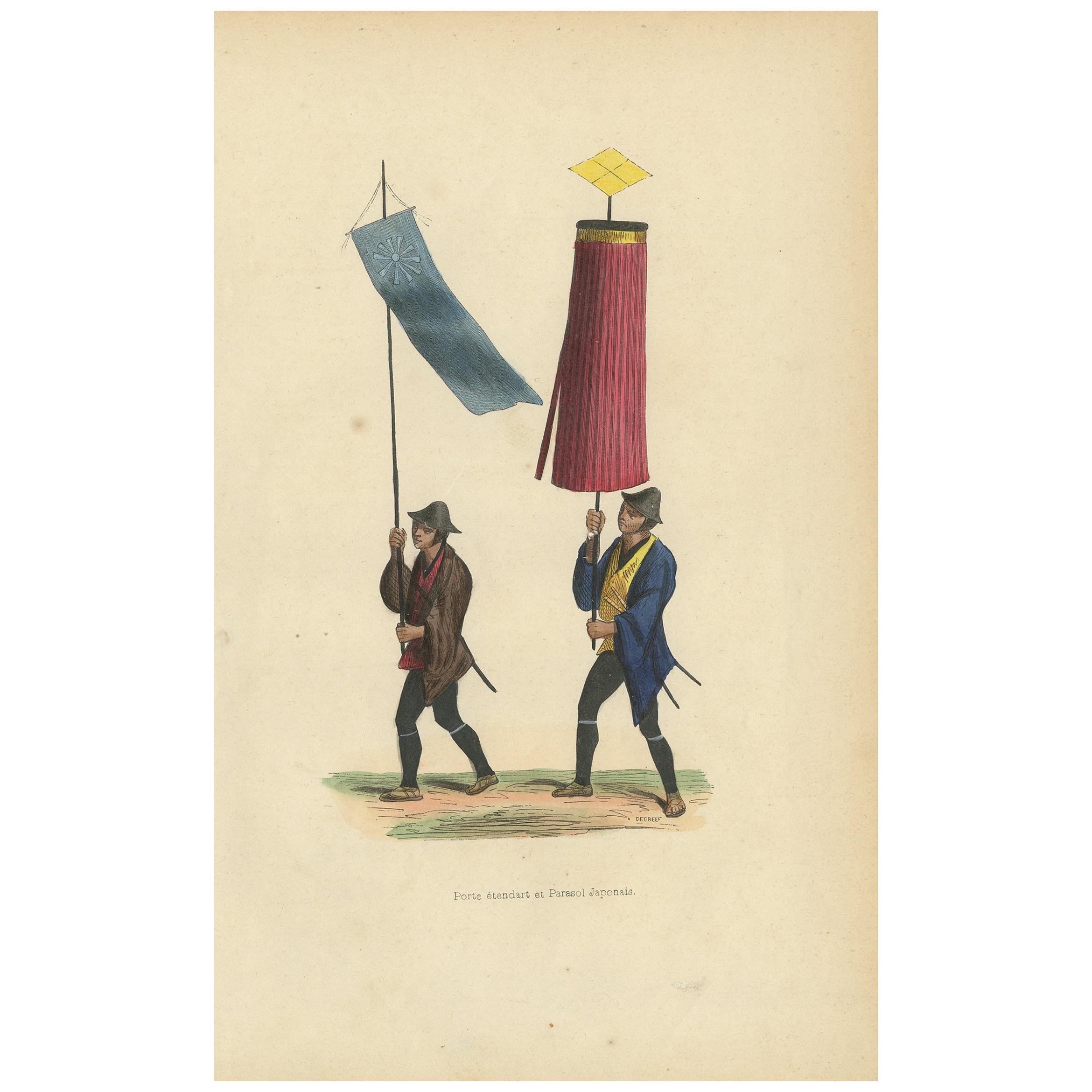 Impression ancienne d'un drapeau et d'une ombrelle japonais par Wahlen:: 1843