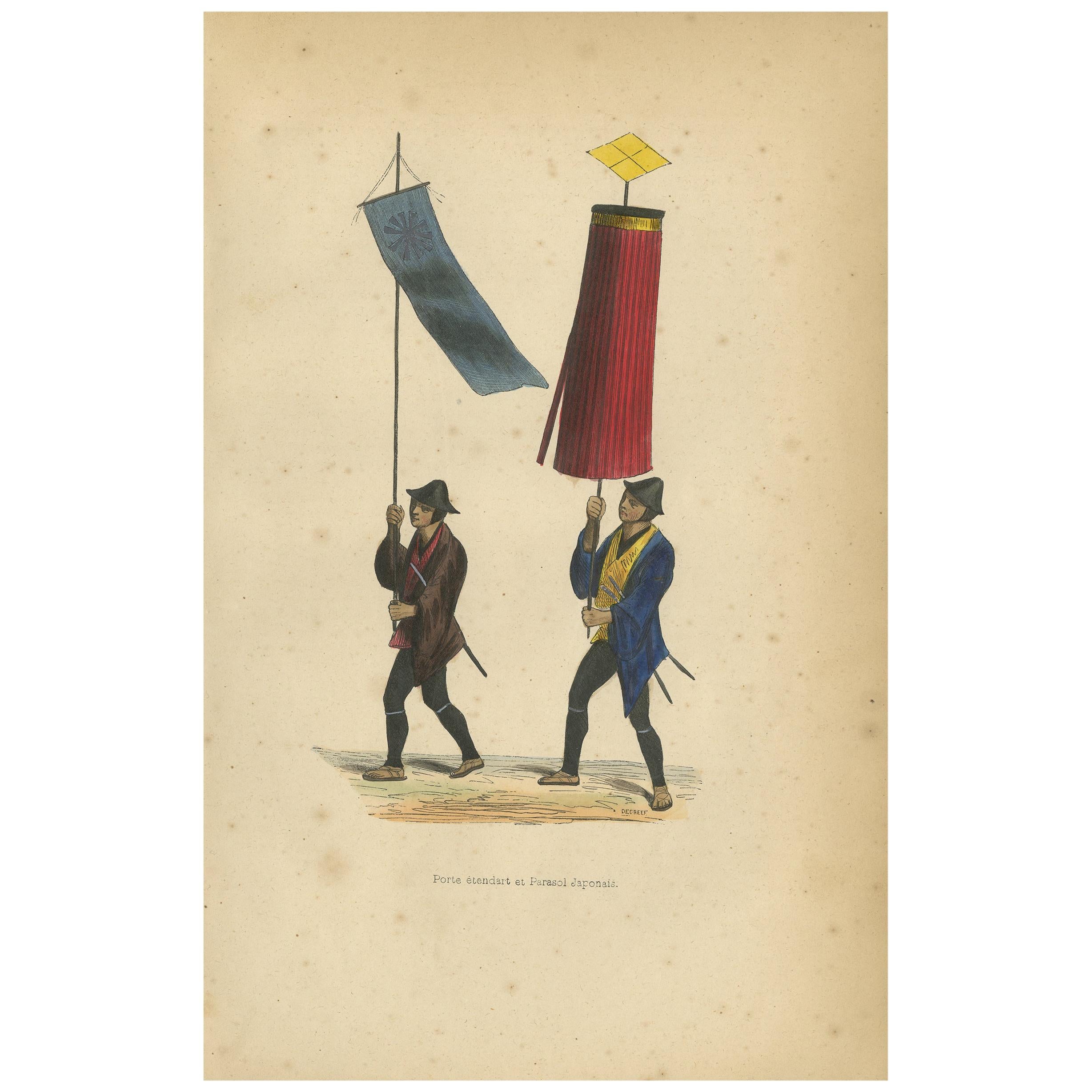 Impression ancienne d'un drapeau et d'un parasol japonais par Wahlen, 1843 en vente