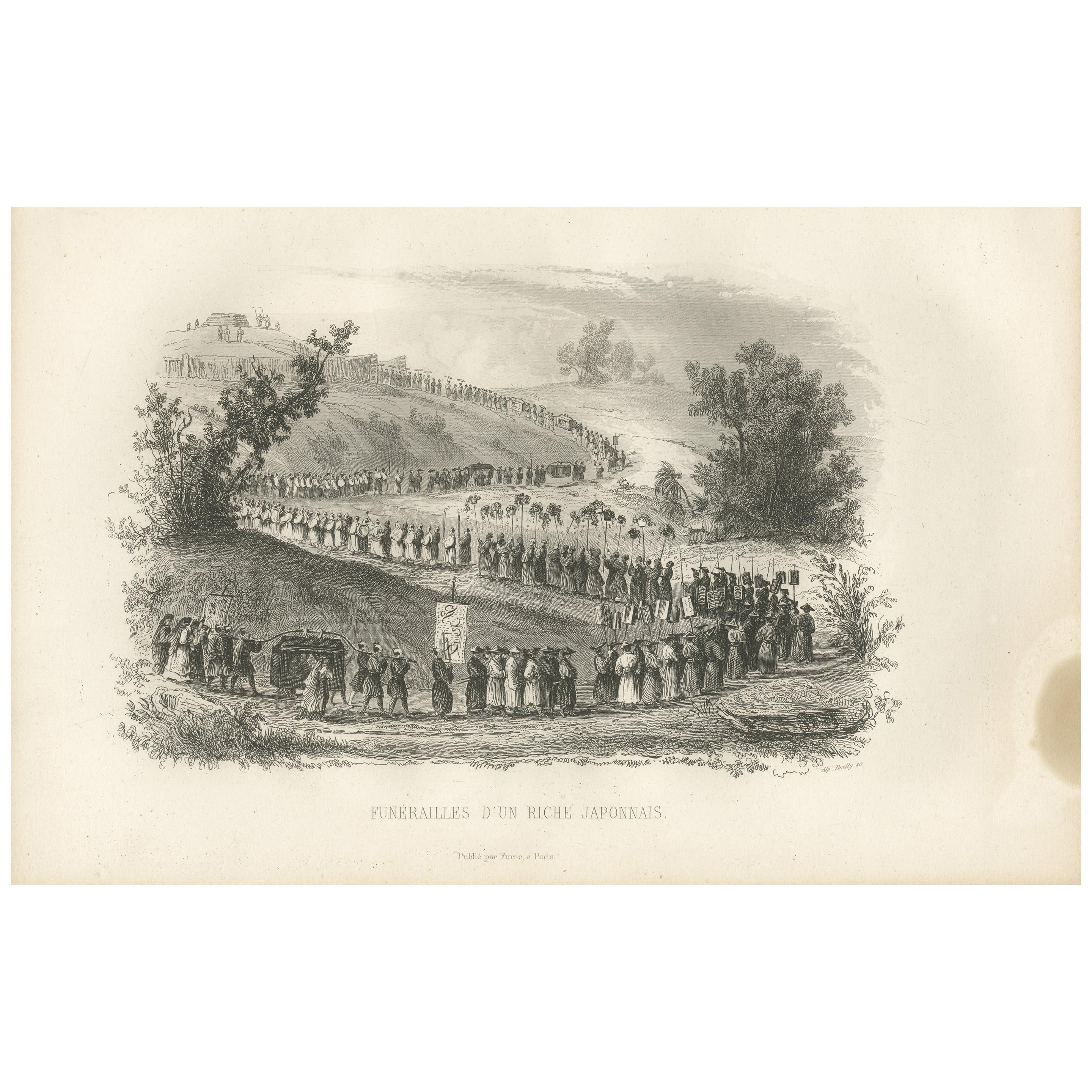 Antique Print of a Japanese Funeral by D'Urville, 1853 For Sale