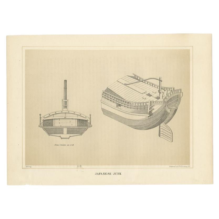 Antique Print of a Japanese Junk Cross Section, 1856 For Sale
