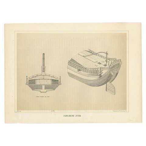 Antique Print of a Japanese Junk Cross Section, 1856