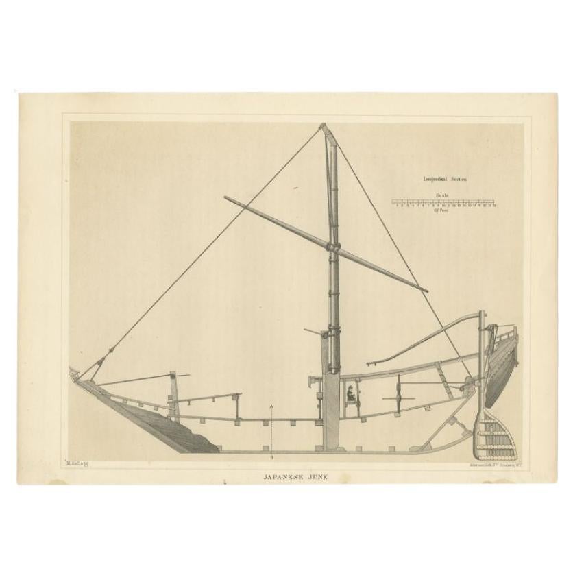 Antique Print of a Japanese Junk Longitudinal Section, 1856