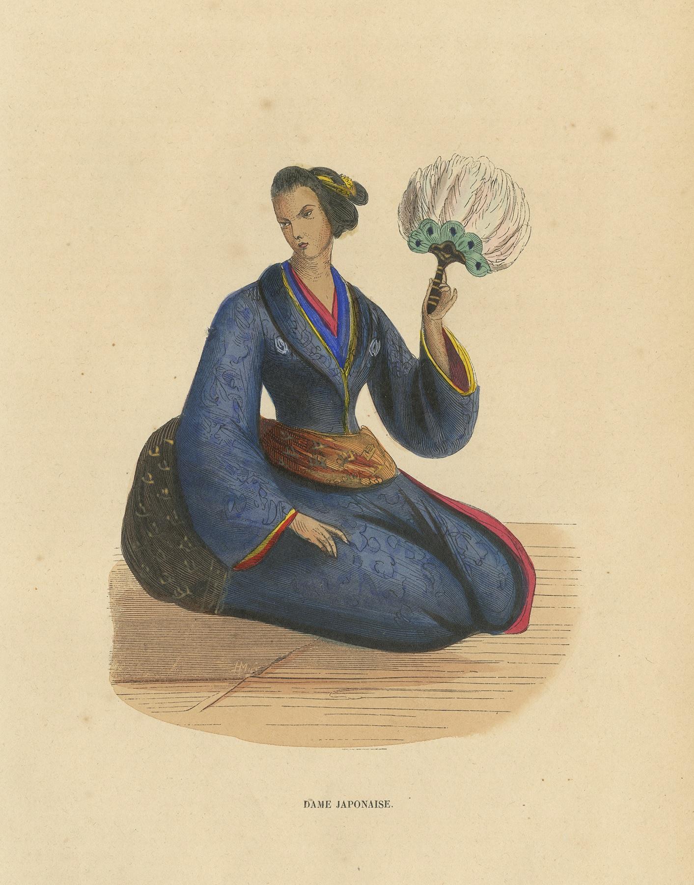 Antique print titled 'Dame Japonaise'. Lithograph of a Japanese lady. This print originates from 'Moeurs, usages et costumes de tous les peuples du monde' by Auguste Wahlen.