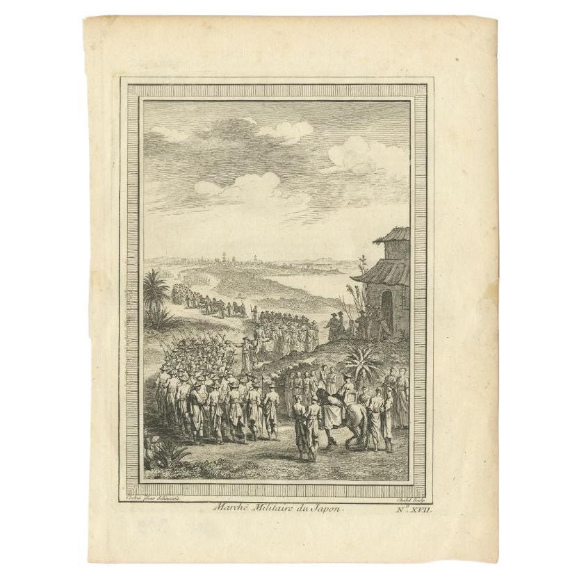 Grabado antiguo titulado 'Marche Militaire du Japon'. Grabado en cobre de una marcha militar japonesa. Este grabado procede de la 