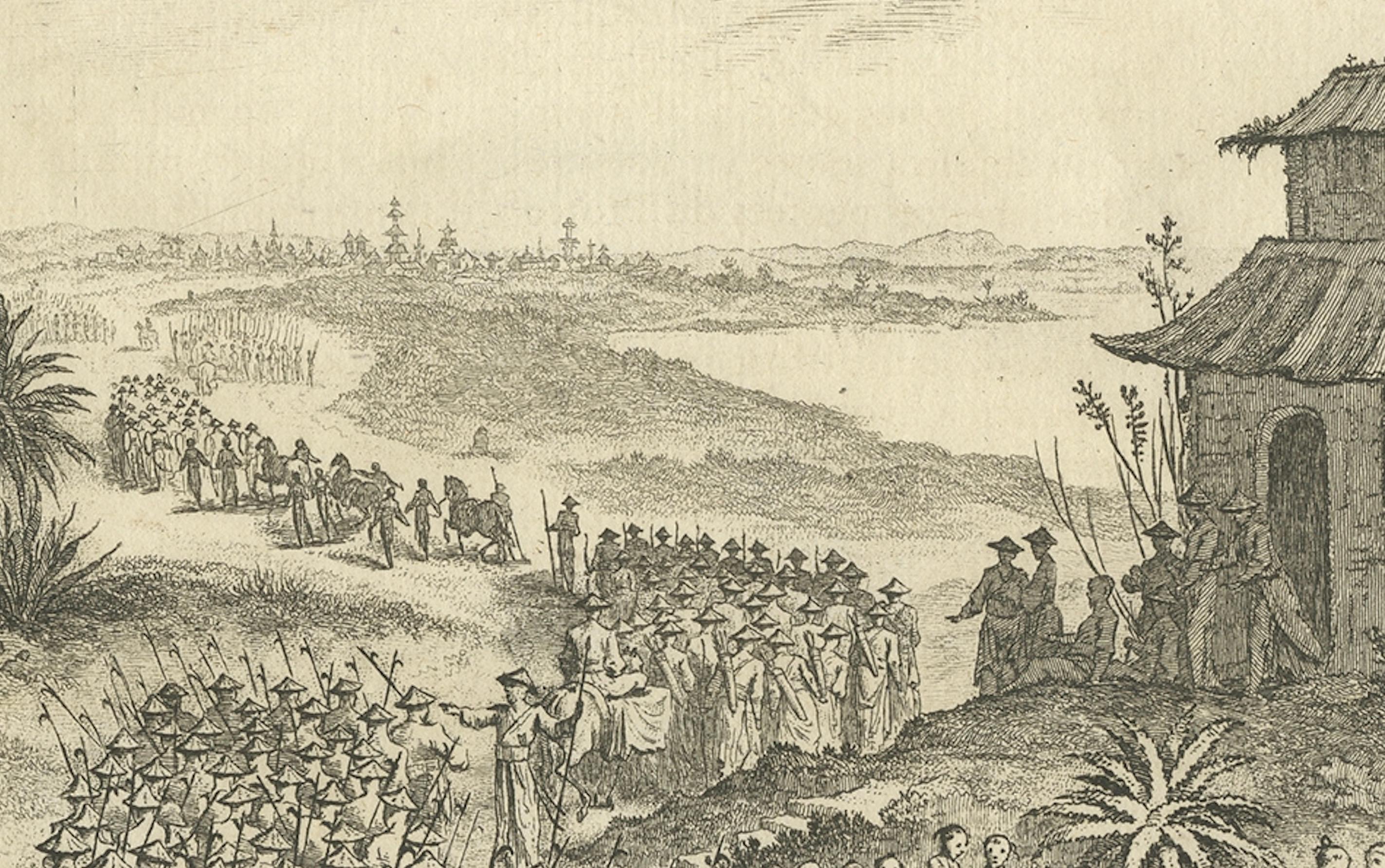 Grabado antiguo de una procesión militar japonesa por Chedel, 1746 en Bueno estado para la venta en Langweer, NL