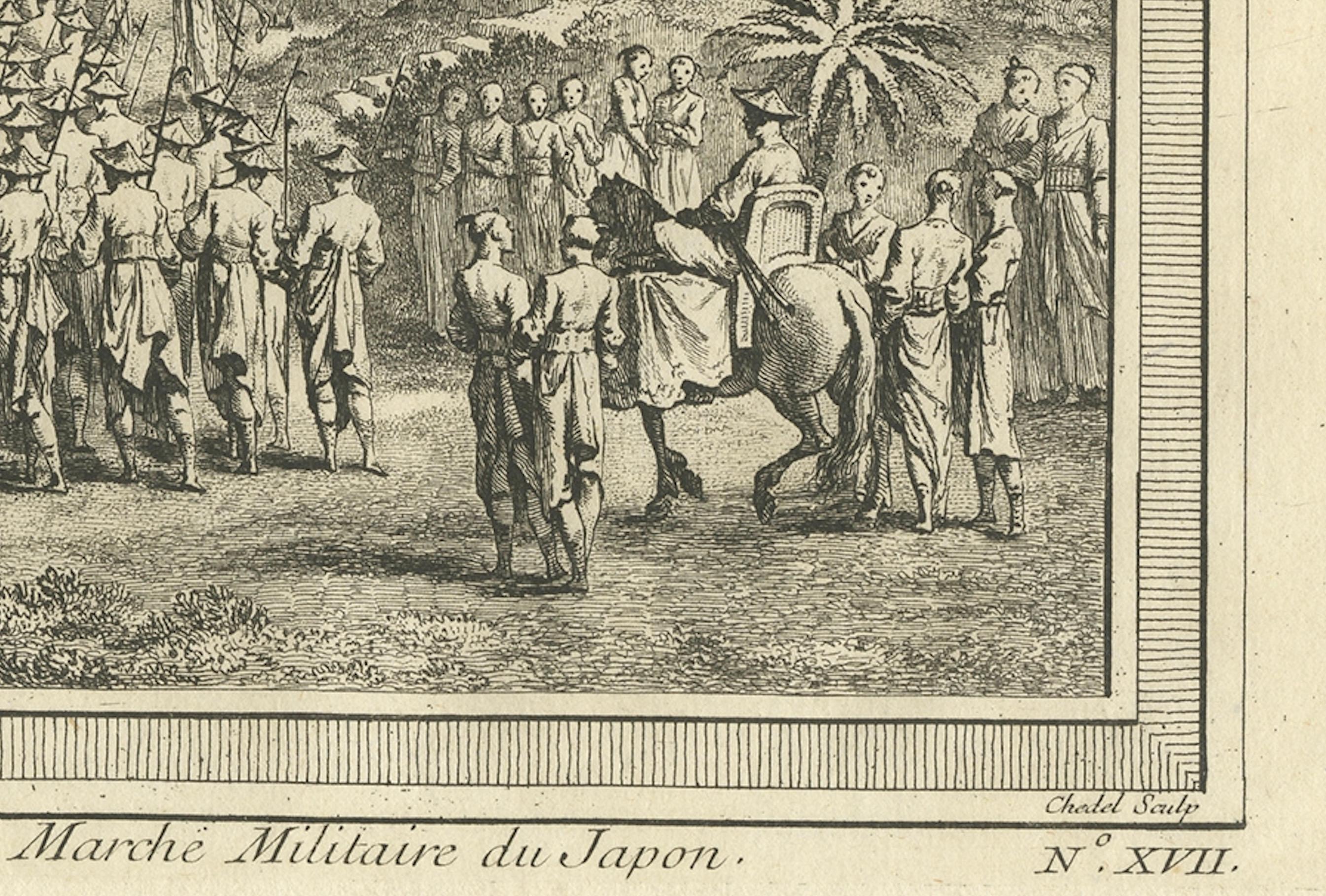 Grabado antiguo de una procesión militar japonesa por Chedel, 1746 siglo XVIII y antes en venta