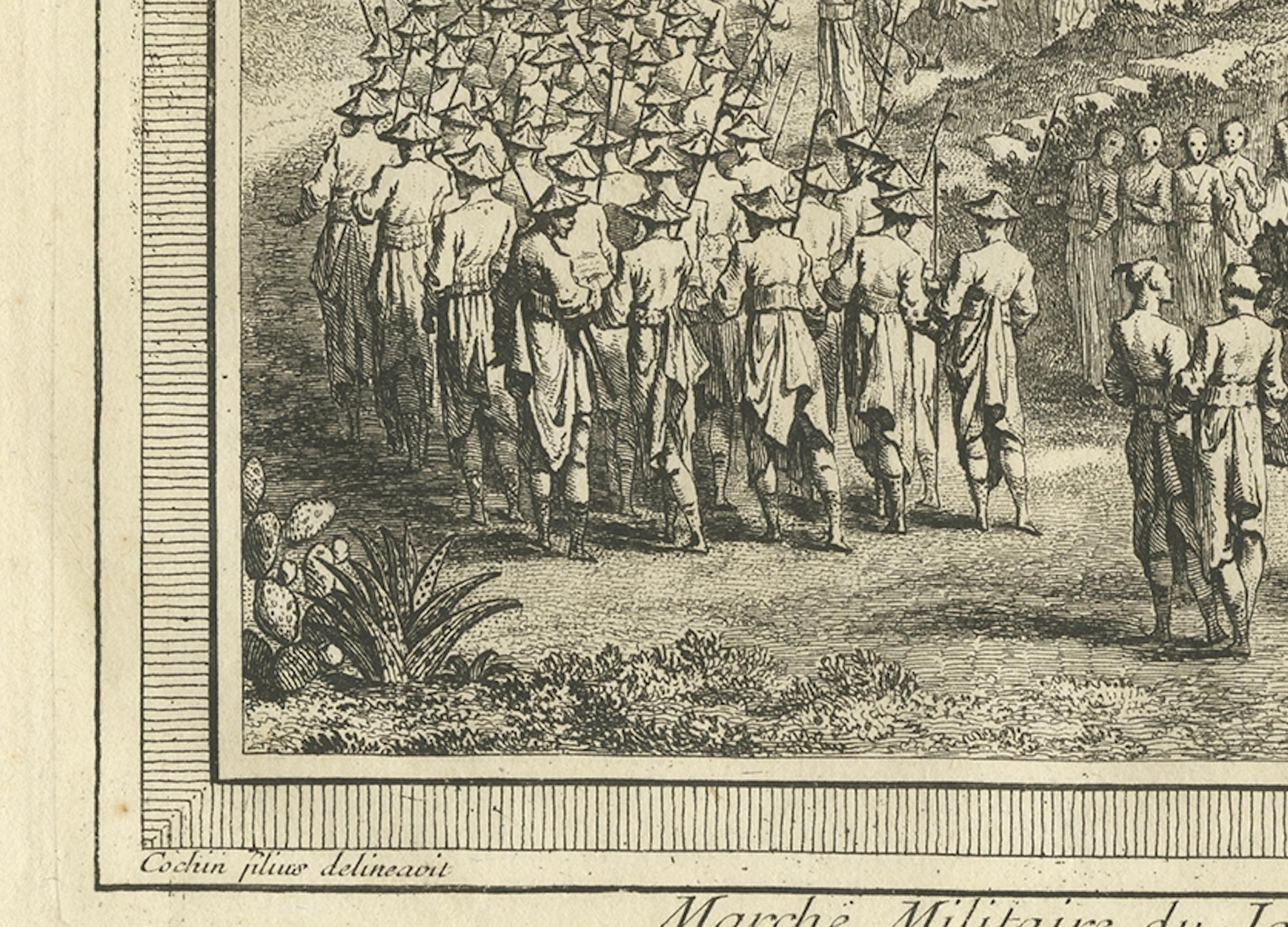 Grabado antiguo de una procesión militar japonesa por Chedel, 1746 Papel en venta