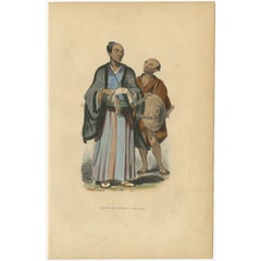 Grabado antiguo de un noble japonés y su criado, 1843