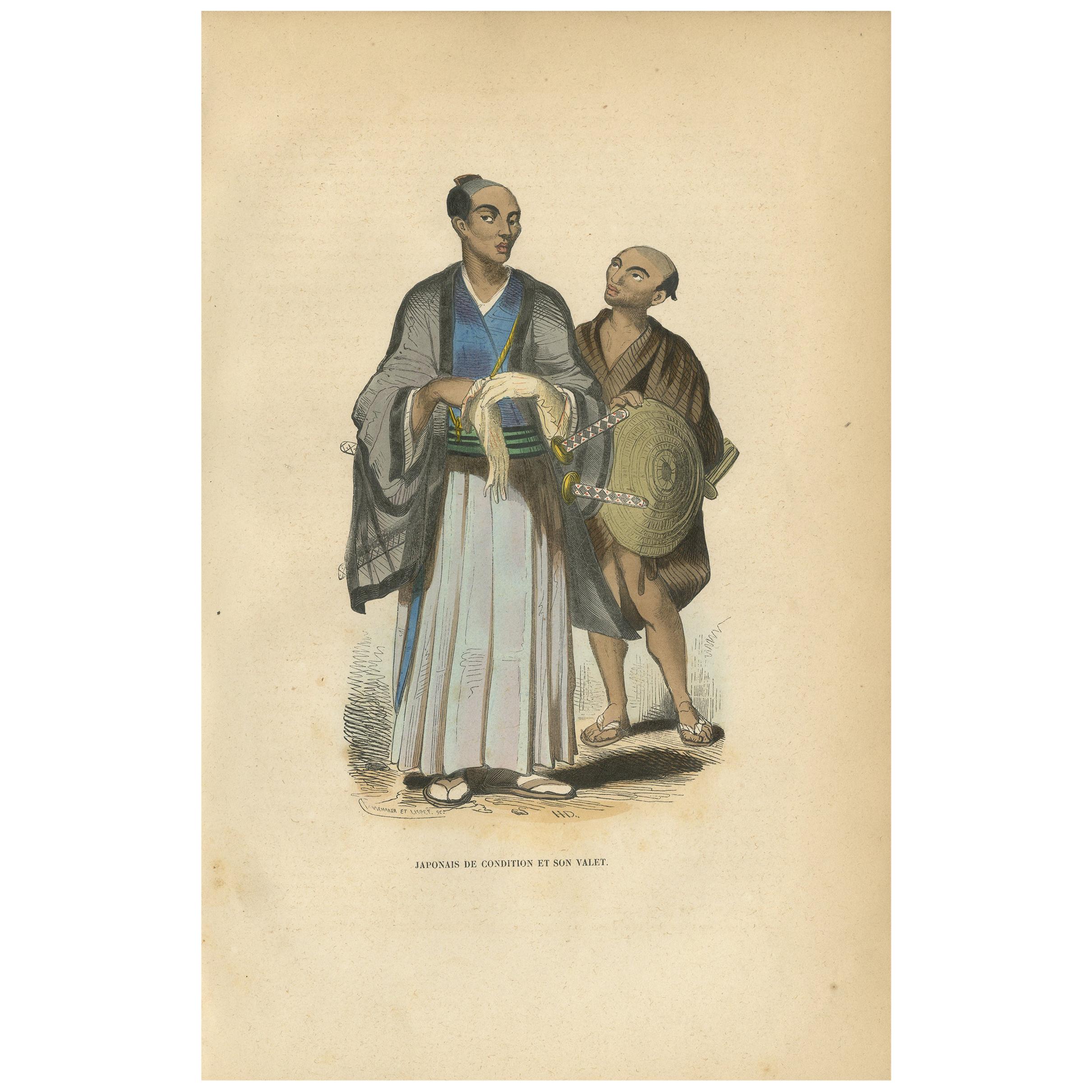 Grabado antiguo de un noble japonés y su sirviente por Wahlen, 1843