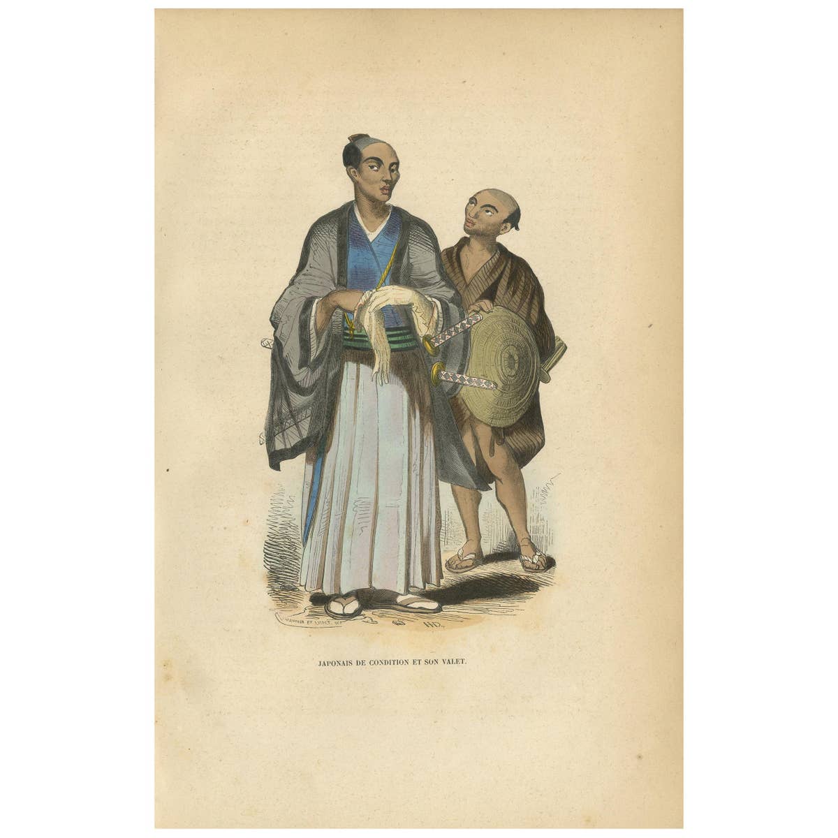 Antique Print of a Japanese Nobleman and His Servant by Wahlen, 1843