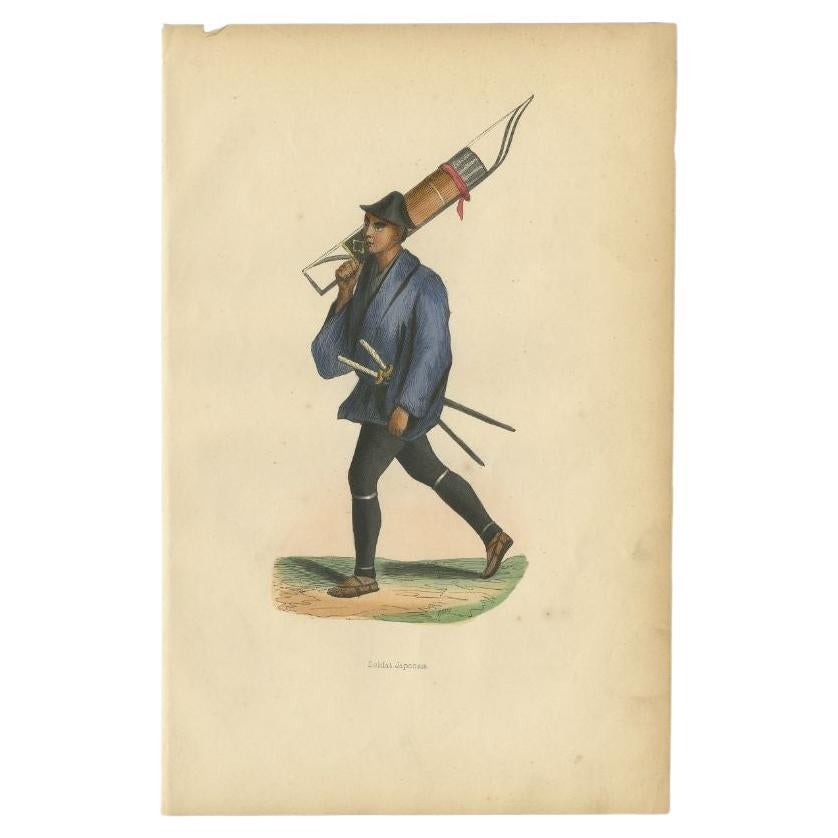 Antique Print of a Japanese Soldier Carrying a Bow, 1843