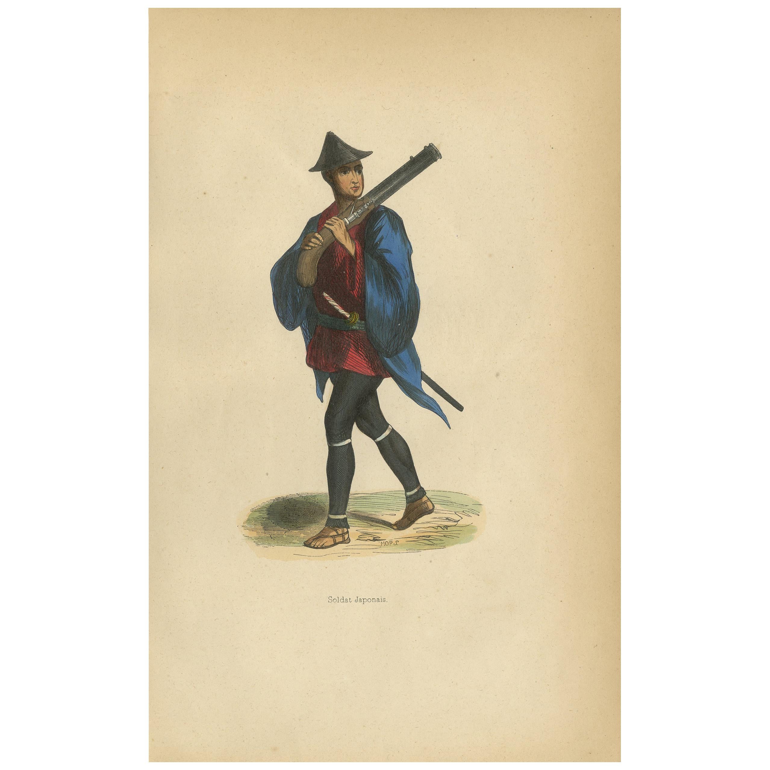 Antique Print of a Japanese Soldier Carrying a Weapon by Wahlen, 1843 For Sale