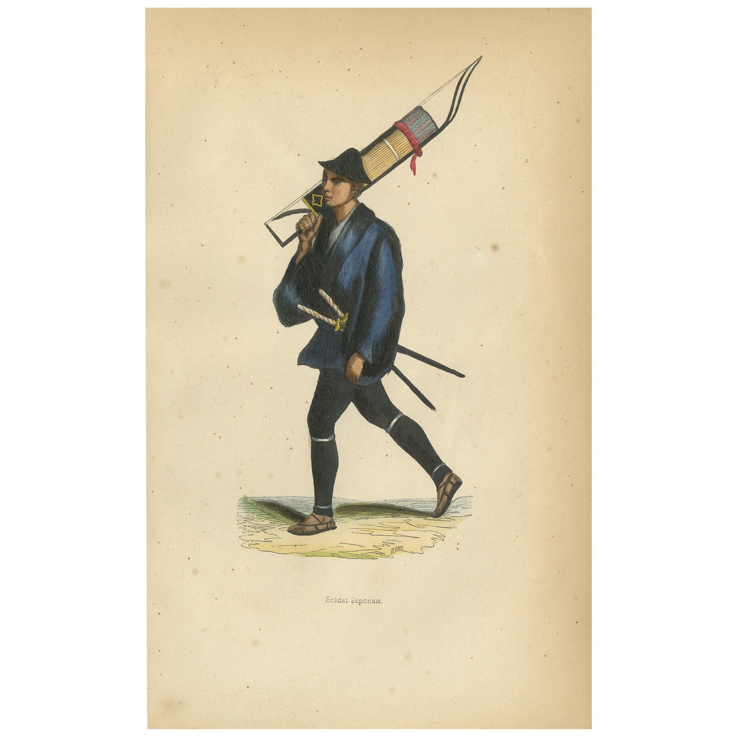 Antique Print of a Japanese Soldier carrying Bows by Wahlen, 1843 For Sale