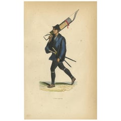 Antique Print of a Japanese Soldier carrying Bows by Wahlen, 1843