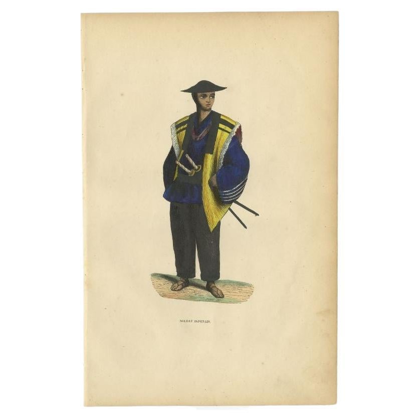 Antique Print of a Japanese Soldier Carrying Swords, 1843 For Sale