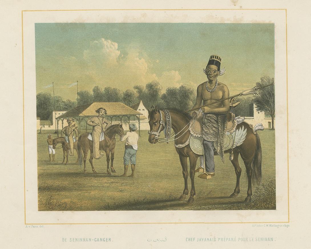 Gravure ancienne d'un chef javanais se préparant pour un tournoi par Van Pers État moyen - En vente à Langweer, NL