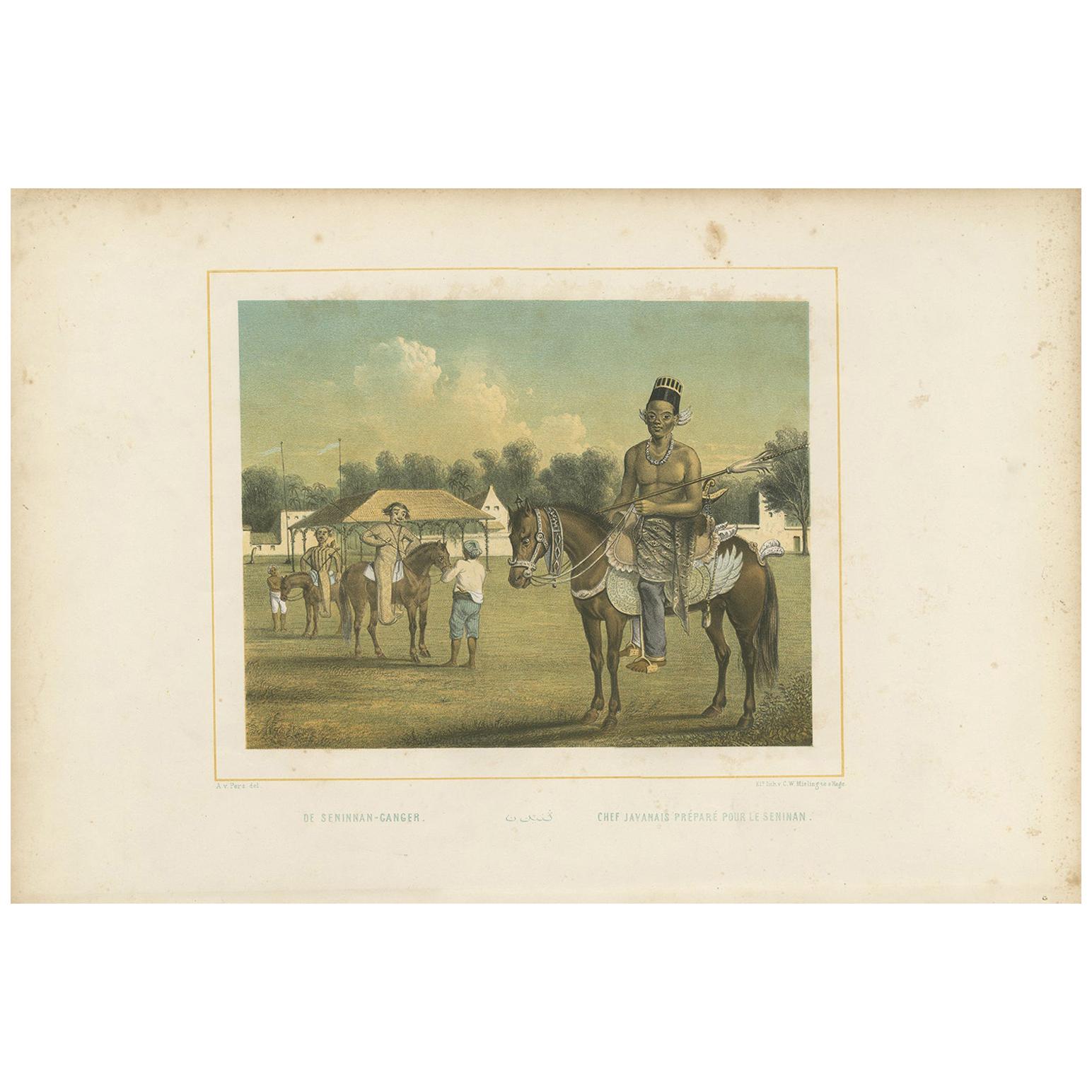 Antique Print of a Javanese Chief Preparing for a Tournament by Van Pers For Sale