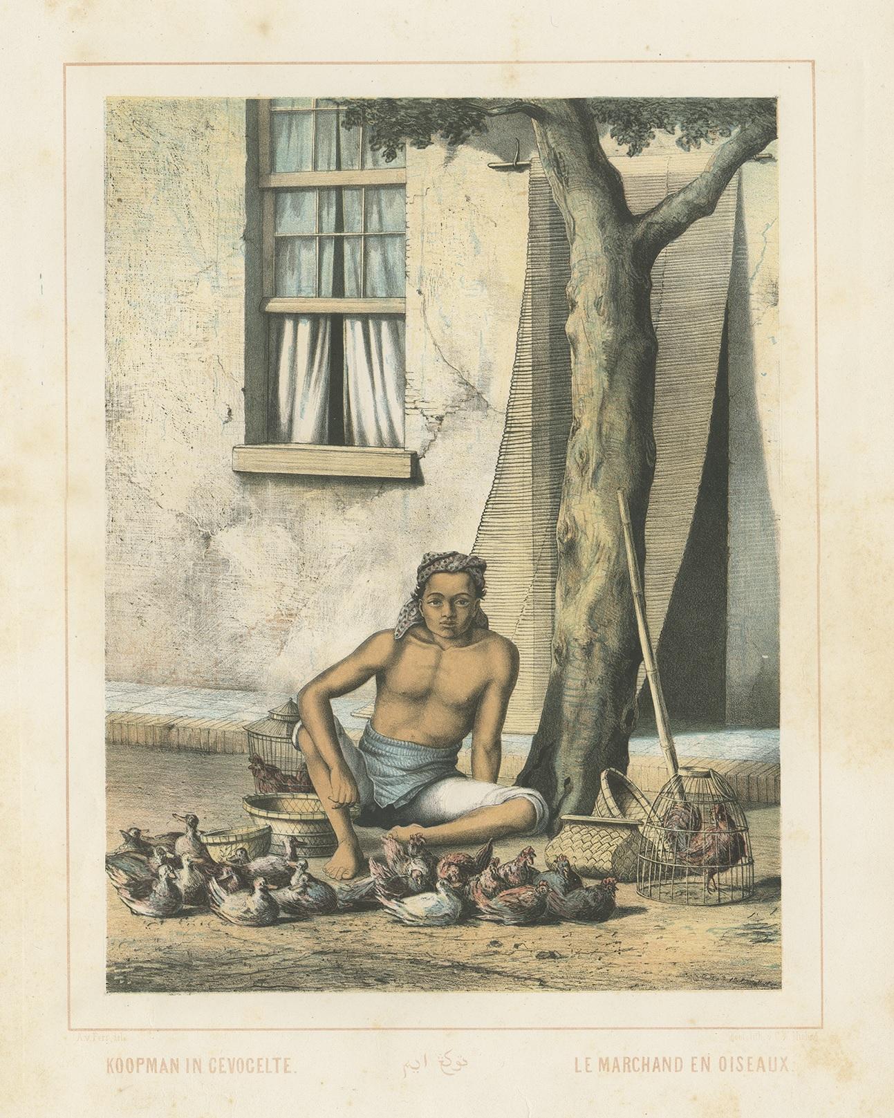 Antique print titled 'Koopman in Gevogelte - Le Marchand en Oiseaux'. Colored lithograph of a Javanese poultry merchant. This print originates from 'Nederlandsch Oost-Indische typen' after work by Auguste van Pers (1815-1871) a Dutch artist who