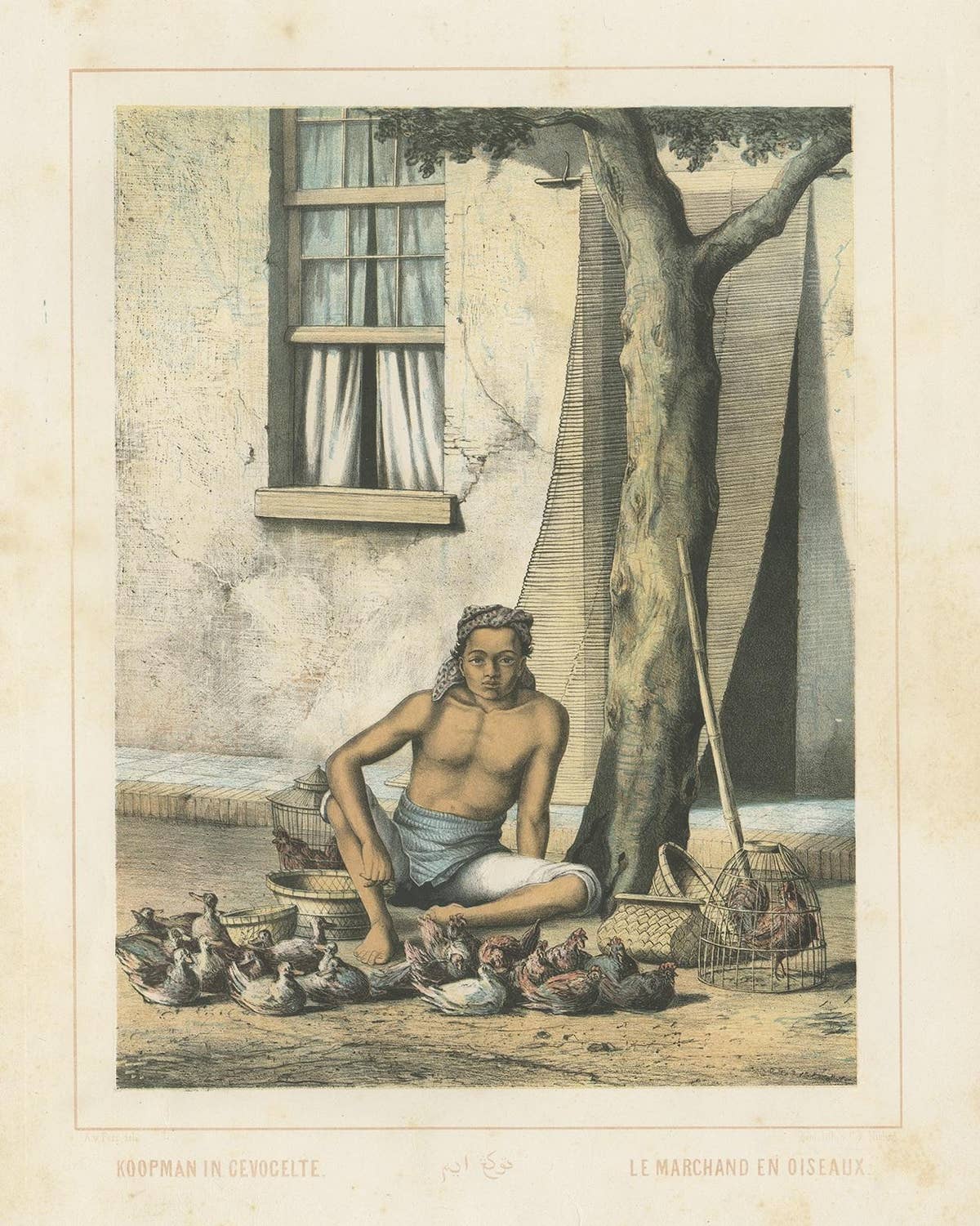 Antique Print of a Javanese Poultry Merchant by Van Pers, circa 1850
