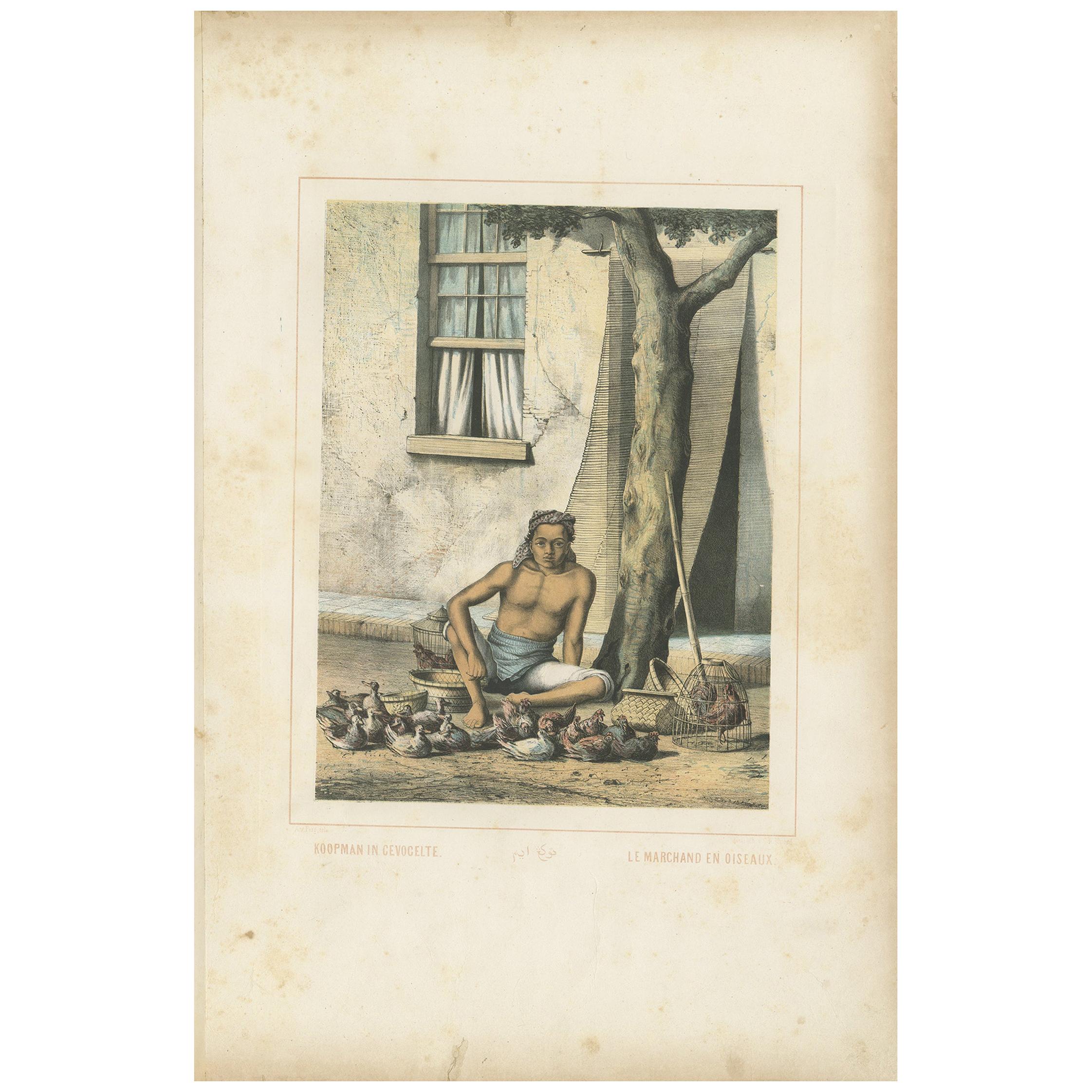Antique Print of a Javanese Poultry Merchant by Van Pers, circa 1850 For Sale