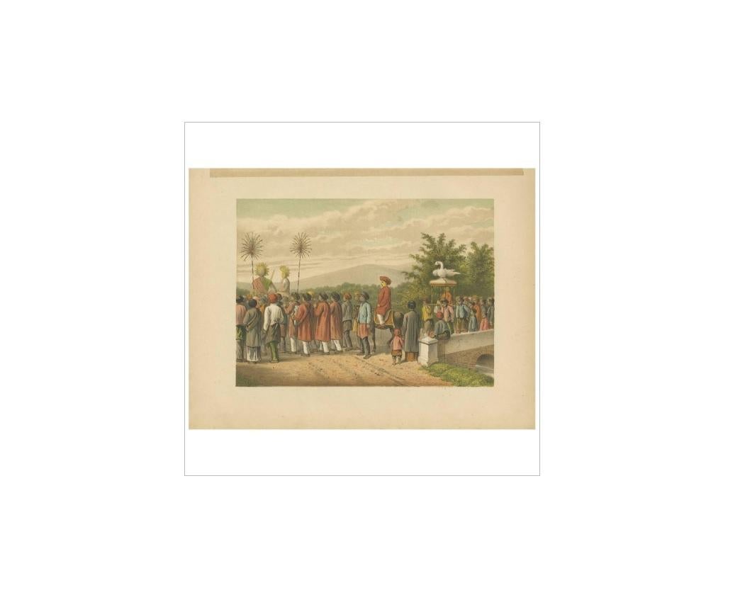 Antique print of a wedding ceremony on Java, Indonesia. This print originates from 'Het Kamerlid van Berkestein in Nederlandsch-Indie.', (translation: van Berkestein, member of the Dutch Parliament in the Dutch East-Indies.) by M.T.H. Perelaer,