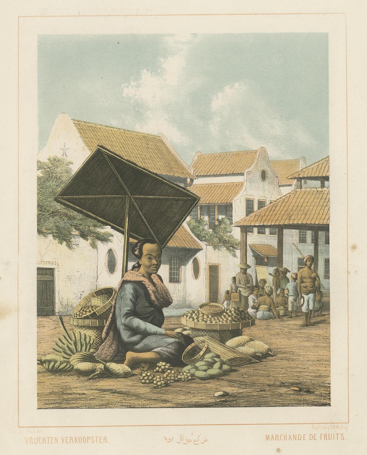 Antique print titled 'Vruchten Verkoopster - Marchande de Fruits'. Colored lithograph of a Javanese woman selling fruit. This print originates from 'Nederlandsch Oost-Indische typen' after work by Auguste van Pers (1815-1871) a Dutch artist who