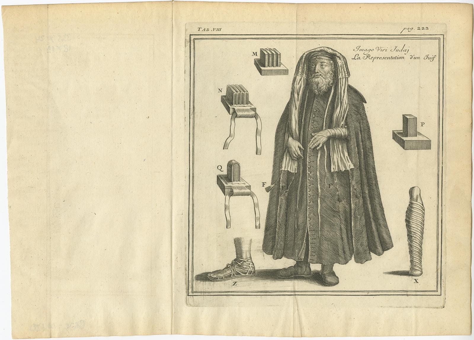 Antique print titled 'La Representation d'un Juif'. 

Antique print depicting a jew, illustrating various elements of a costume. Small but this authentique copper engraving will look very decorative on your wall in a nice frame.

This print
