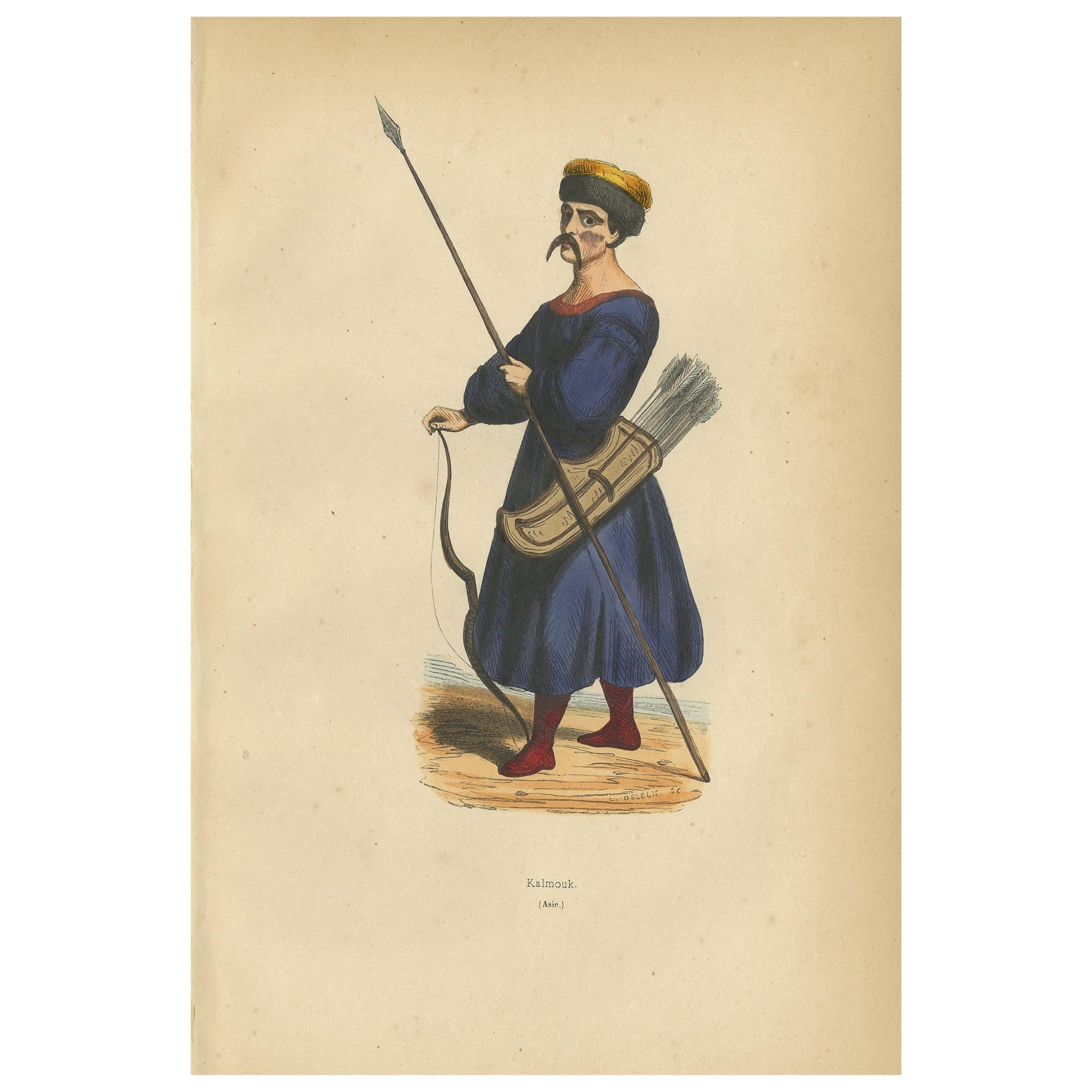 Antique Print of a Kalmyk Man by Wahlen, 1843 For Sale