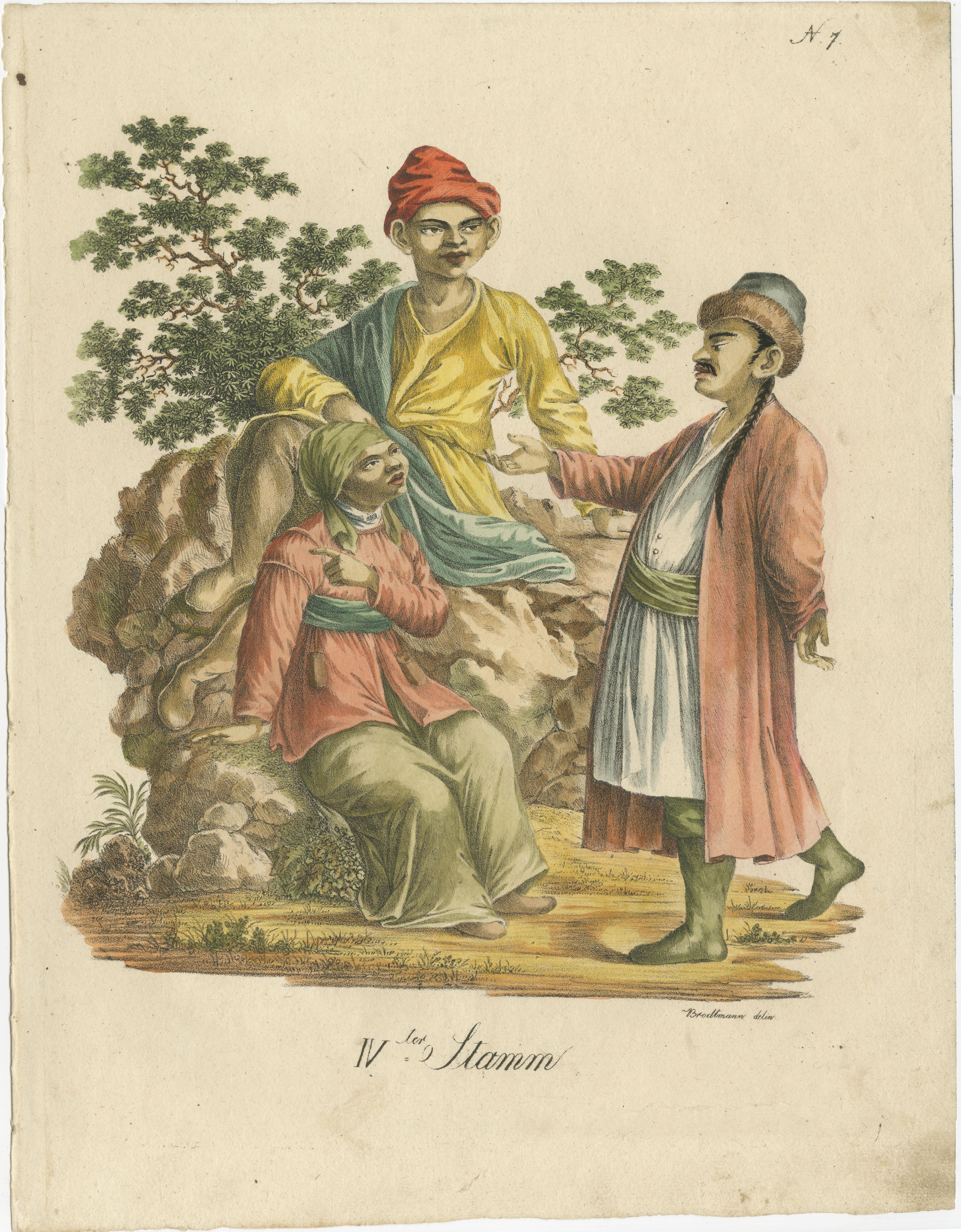 Antique print titled 'IVter Stamm'. Lithograph of a Kalmyk, Mongolic woman and Japanese. This print originates from 'Naturhistorische Bilder-Galerie' by Brodtmann. Published circa 1816. 